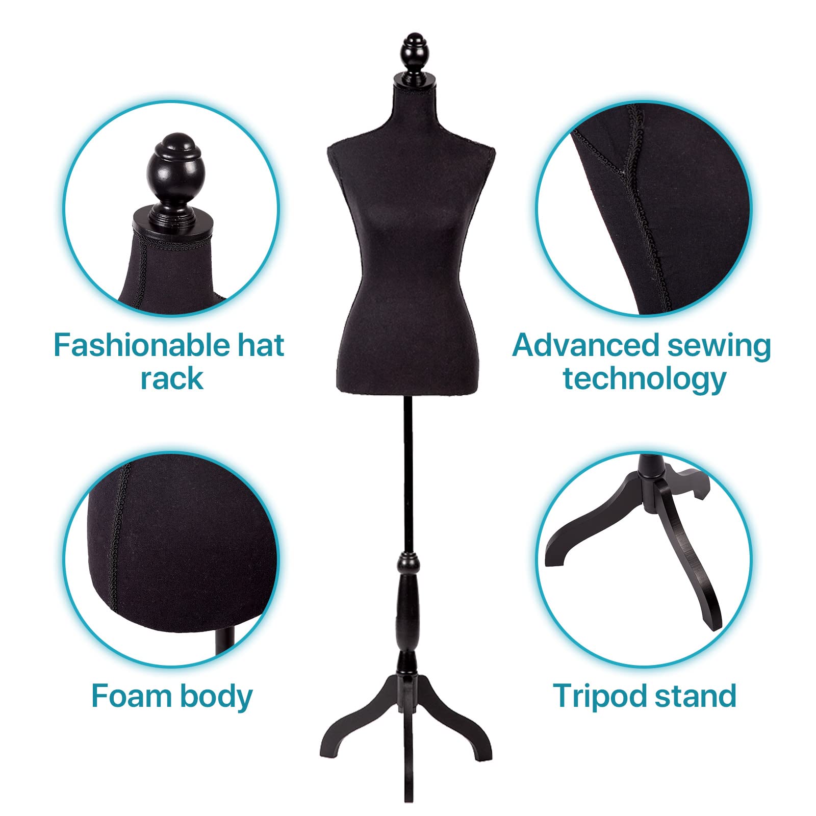 Adjustable Female Dress Form Mannequin Torso 60”-67” with Tripod Stand - Black Sewing Manikin for Clothing Design, Jewelry Display & Boutique Visual Merchandising - Perfect for Fashion Designers, Tailors & Retail Store Displays