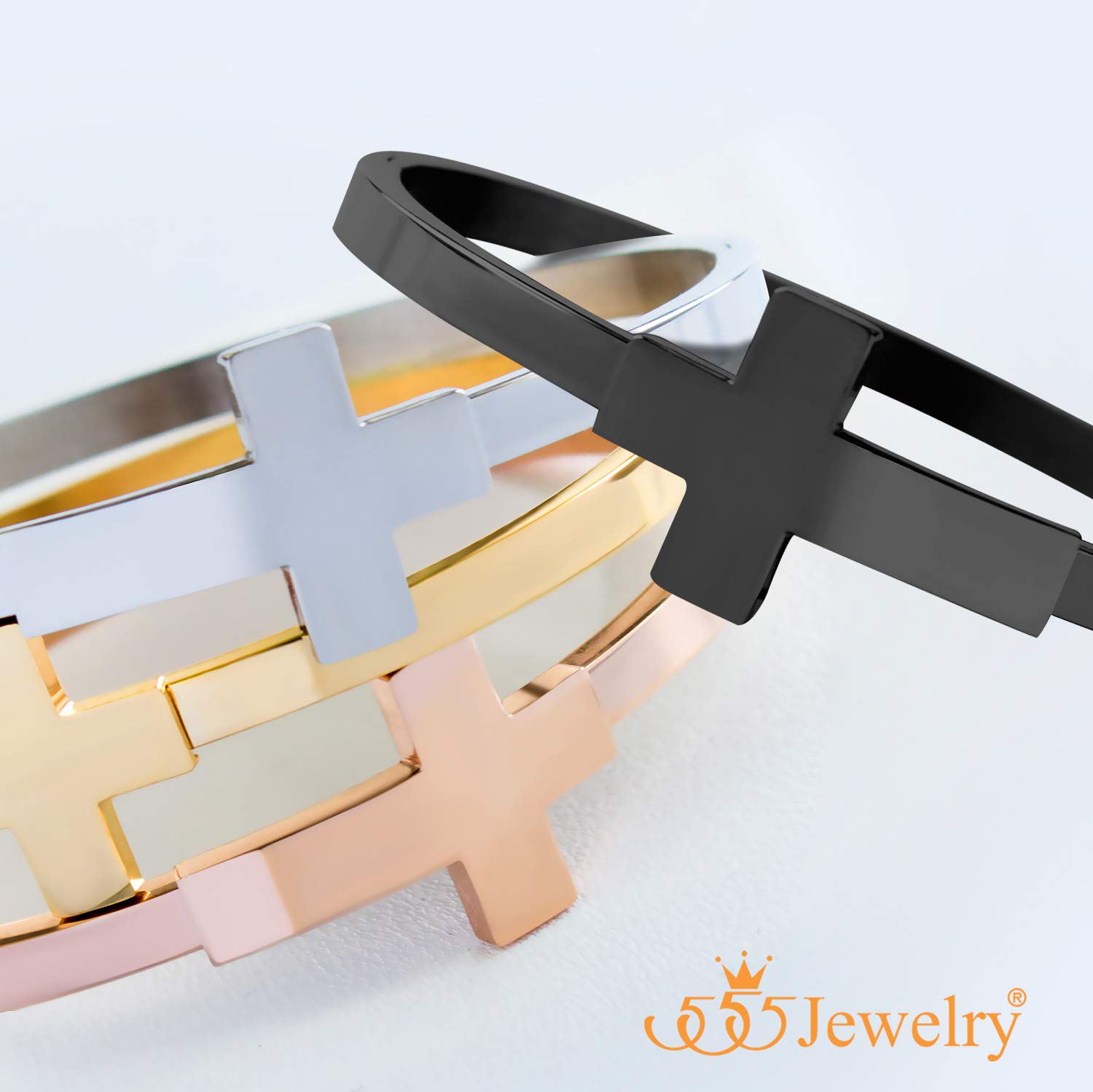555Jewelry Stainless Steel Sideways Cross Cuff Bangle Bracelet for Women - Hypoallergenic Hinge Lock Design for Sensitive Skin | Perfect for Everyday Wear, Church, Gifts & Special Occasions