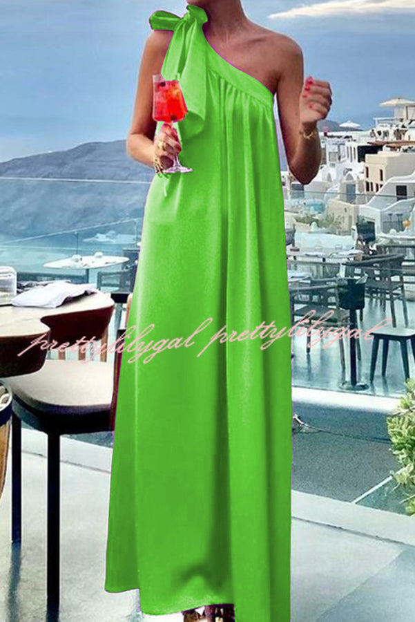 Elegant Satin One Shoulder Bow Detail Loose Maxi Dress for Women - Perfect for Beach Parties, Summer Vacations & Boho Weddings