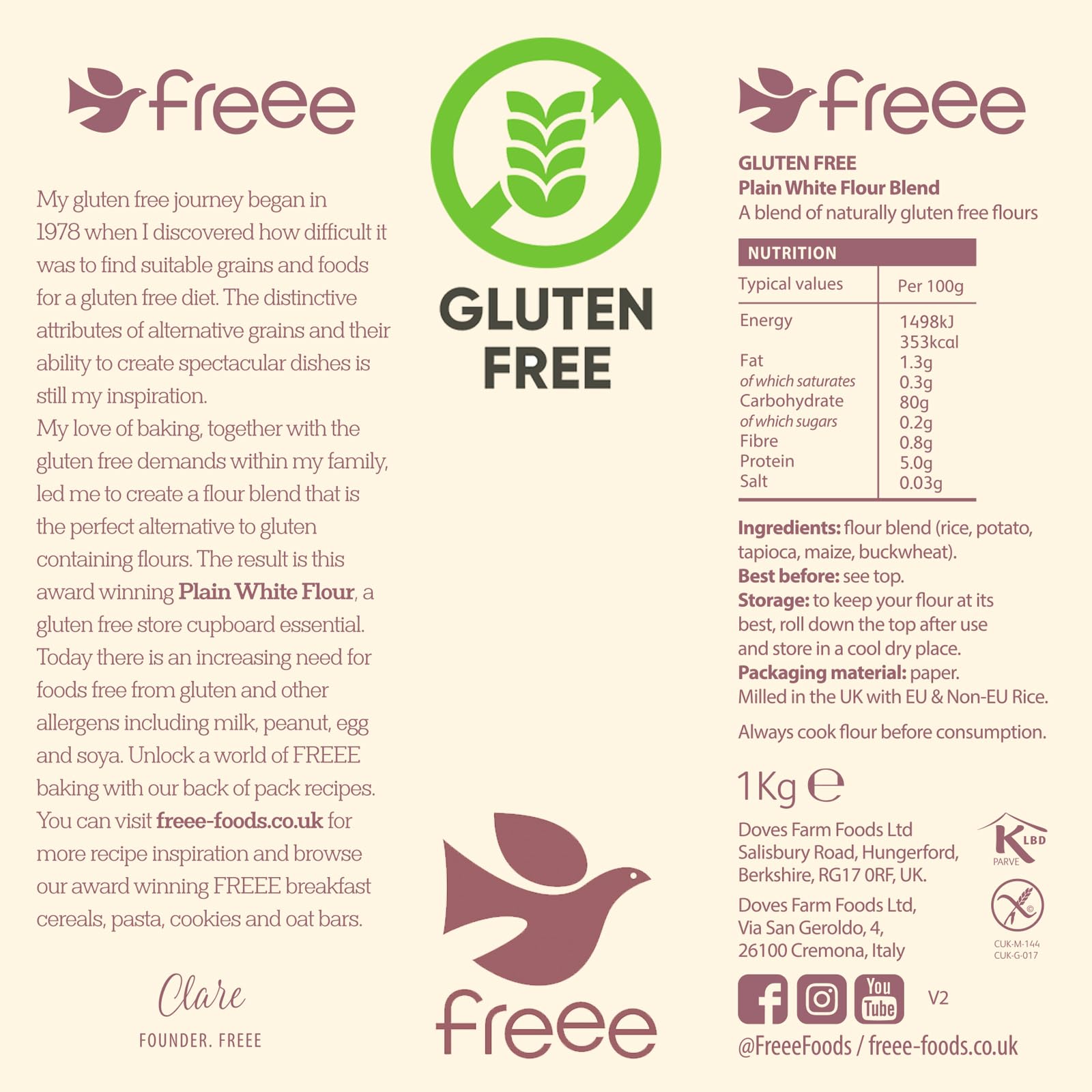 Freee Gluten-Free Plain White Flour - 1Kg (Pack of 5) | Premium Blend for Gluten-Sensitive & Celiac Diets | Light & Fluffy Texture for Baking Bread, Cookies, Cakes & Pastries | Perfect for Home Bakers & Healthy Lifestyle | All-Purpose Flour for Gluten-Free Recipes