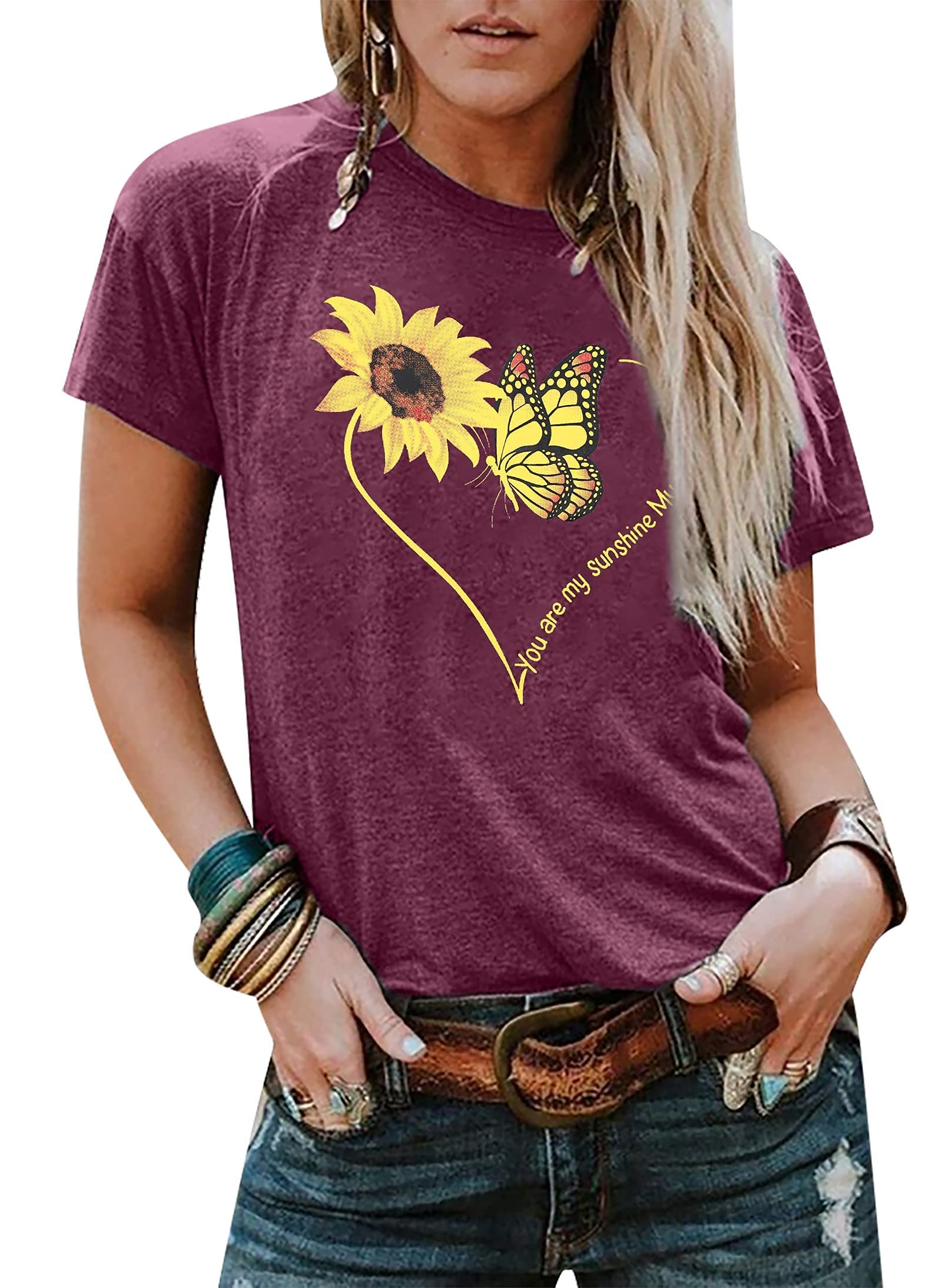 Sunflower Graphic T-Shirt for Women - Short Sleeve Butterfly Print Casual Top with Funny Saying - Perfect for Summer Outfits, Beach Days & Casual Wear