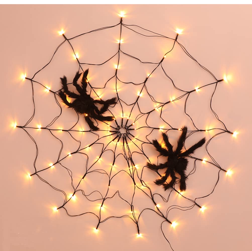 3.2FT Giant Spider Web Lights with Hairy Spider & Cobweb - Orange LED Halloween Decorations for Outdoor, Window, Wall, Garden, Patio & Yard - USB Powered for Spooky Halloween Party & Haunted House Decor