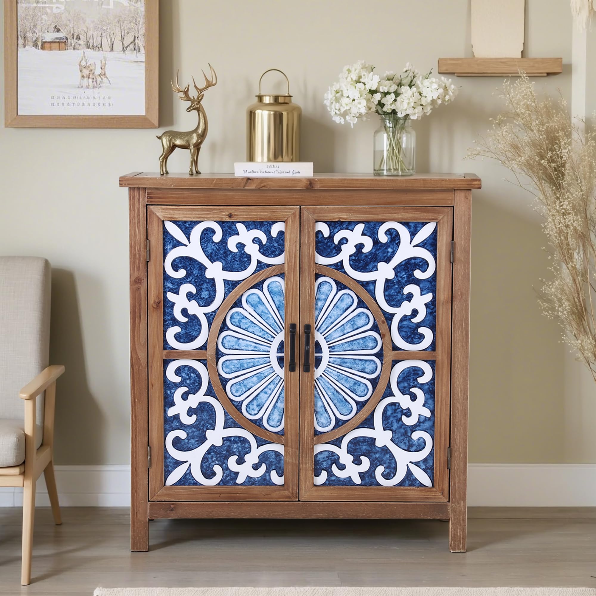PHI VILLA Blue Accent Cabinet with Doors - Small Buffet Sideboard for Living Room, Entryway, Bedroom - Stylish Storage Cabinet for Home Decor & Organization