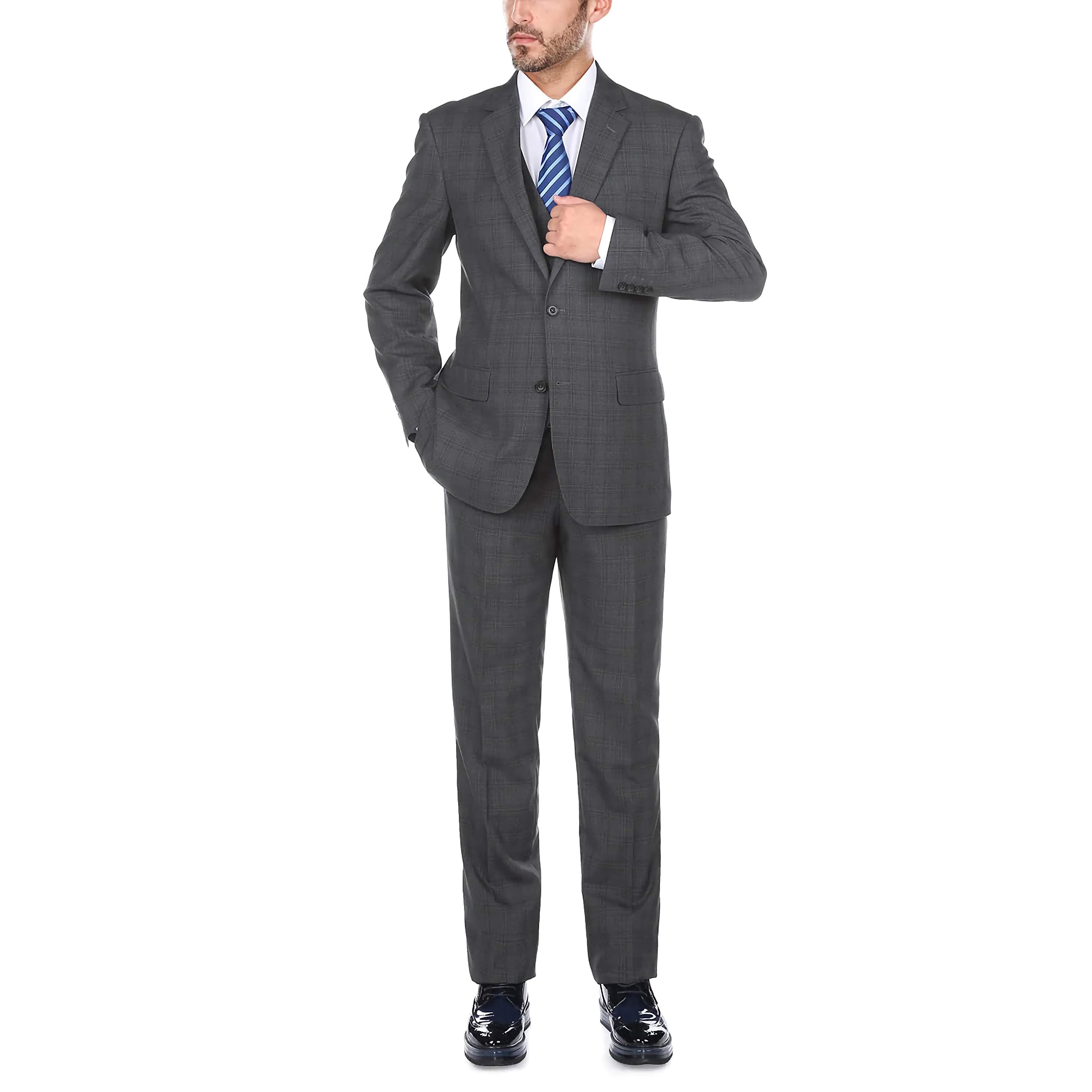 Men's 3-Piece Gray Glen Plaid Suit - 2 Button Regular Fit Business Formal Attire for Weddings, Office & Special Occasions