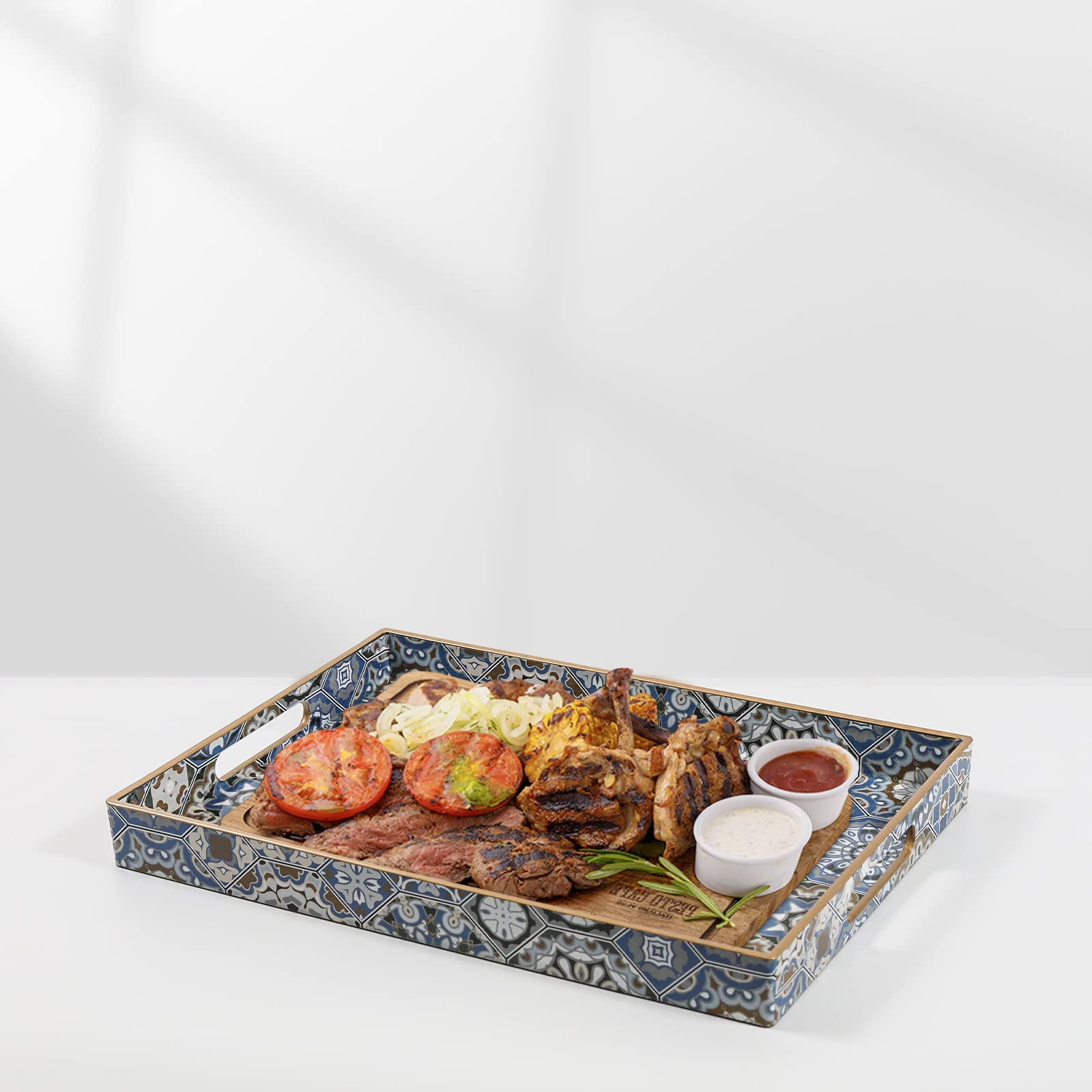 2 Pack Large Boho Serving Trays with Handles - Decorative Ottoman Tray for Coffee Table, Living Room, Bedroom | Blue Bohemian Style Tray for Entertaining, Breakfast in Bed, Spa Day & Home Decor