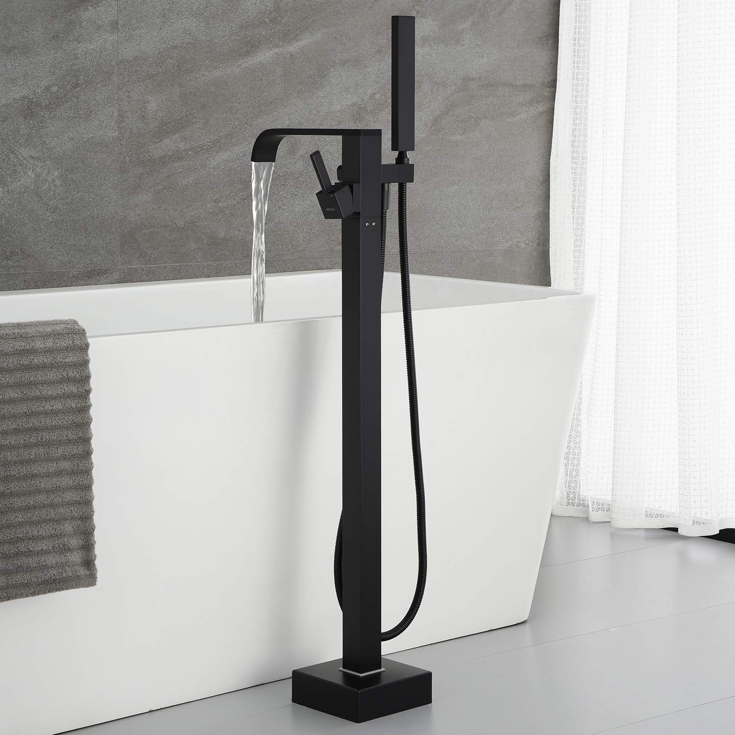 Freestanding Bathtub Faucet - Black Floor Mount Tub Filler with Hand Shower | Single Handle Brass Bathroom Faucet for Modern Luxury Bathrooms