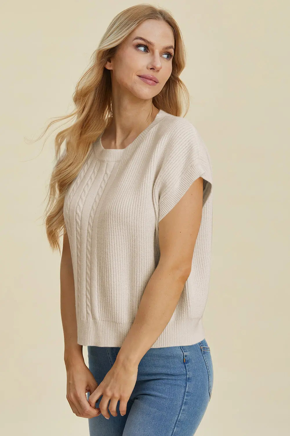 Double Take Full Size Cable Knit Round Neck Short Sleeve Sweater for Women - Cozy Casual Pullover Top for Fall & Winter - Perfect for Office, Date Night and Weekend Outings