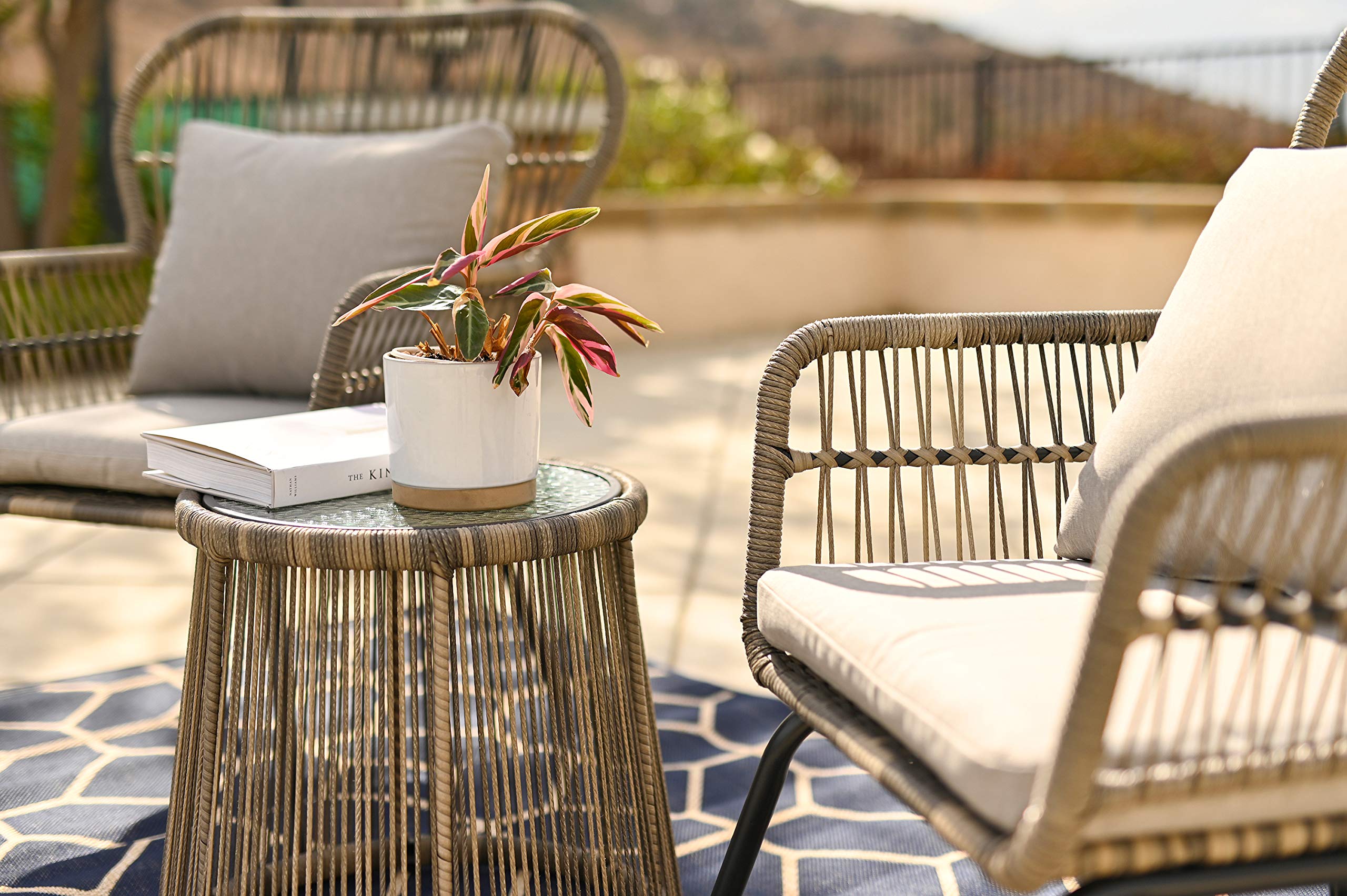 3-Piece Grey Wicker Rattan Bistro Chair Set with Glass Table - Modern Outdoor Patio Furniture for Conversation & Chat Seating - Perfect for Garden, Balcony, and Backyard Relaxation