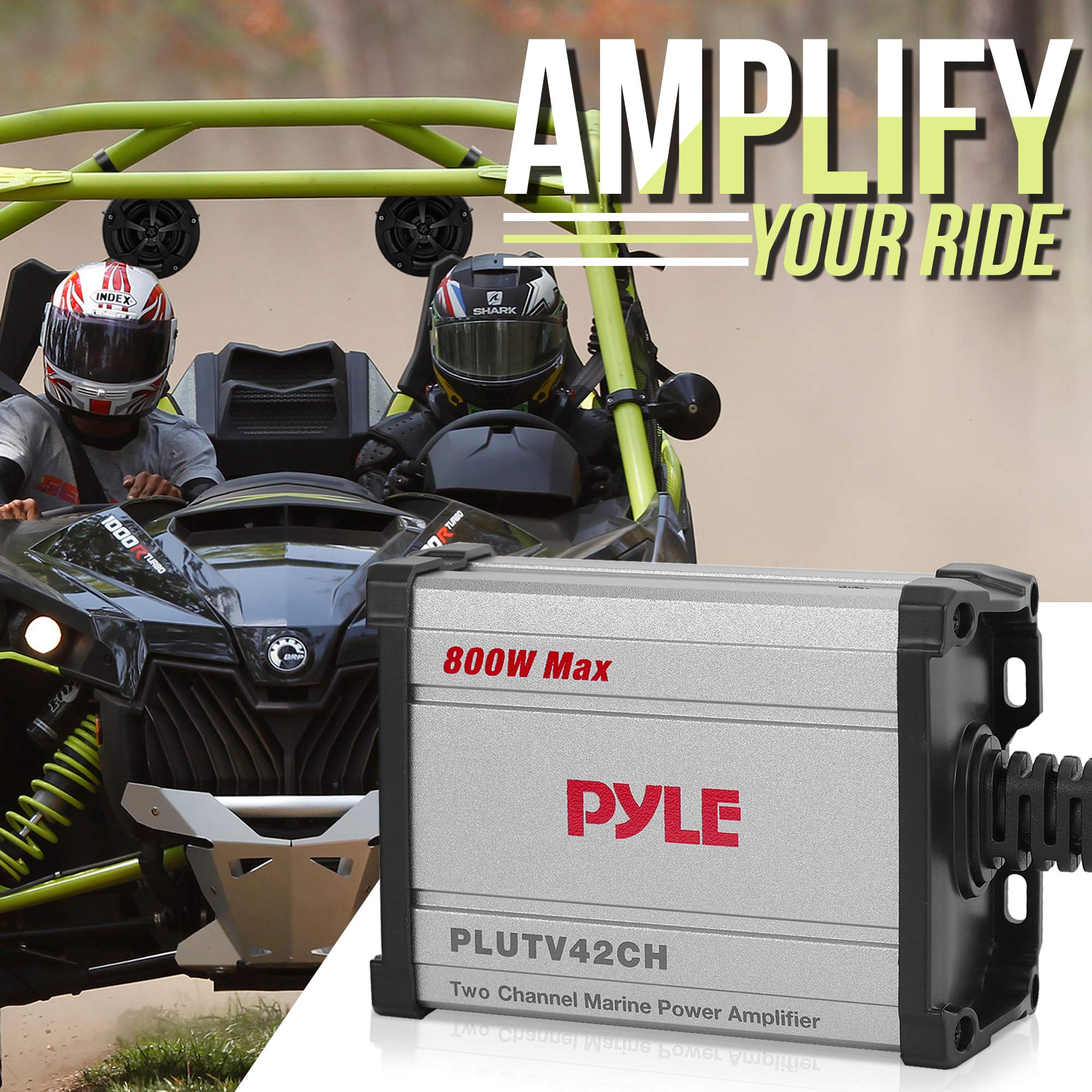 Pyle PLUTV42CH 4 Inch 800W 2-Channel Waterproof Marine Speakers with Built-in Amplifier - Off-Road ATV/UTV/Jeep/Boat Stereo System for Outdoor Adventures & Water Sports