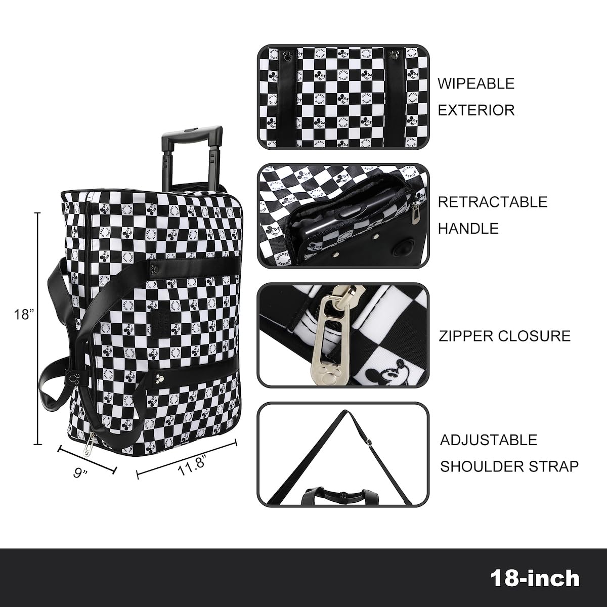 Disney Mickey Mouse Black & White Checkered 18 Inch Duffle Bag for Travel, Gym, Sports & School - Stylish Backpack for Men & Women