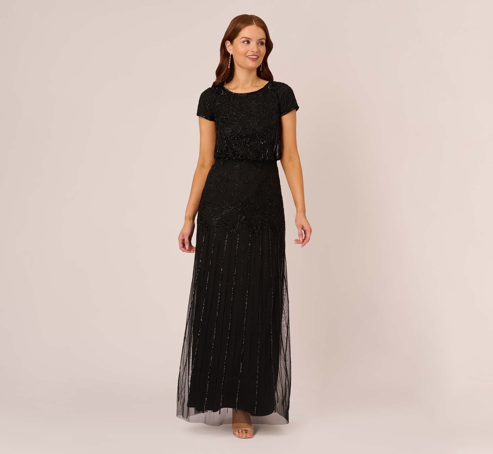 Elegant Black Short Sleeve Beaded Blouson Gown for Women - Perfect for Evening Parties, Weddings & Special Occasions