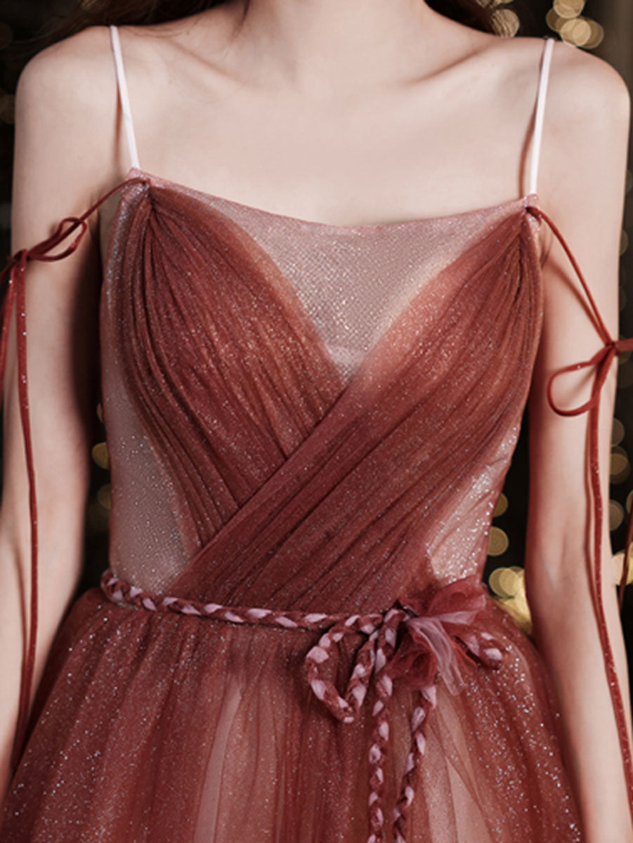 Elegant Burgundy Tulle Long Prom Dress for Women - Formal Graduation Gown - Perfect for Homecoming, Quinceañera & Evening Parties