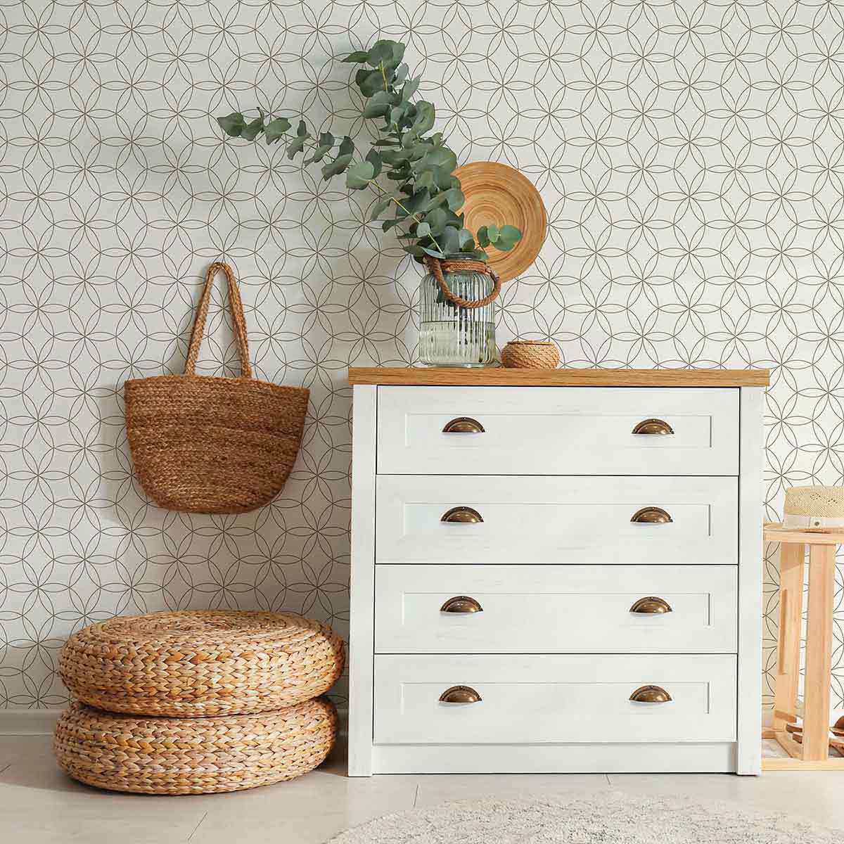 Olive Green & White Circle Peel and Stick Removable Wallpaper - Self-Adhesive Decorative Wall Covering for Bedroom, Living Room, Nursery, or Office Decor