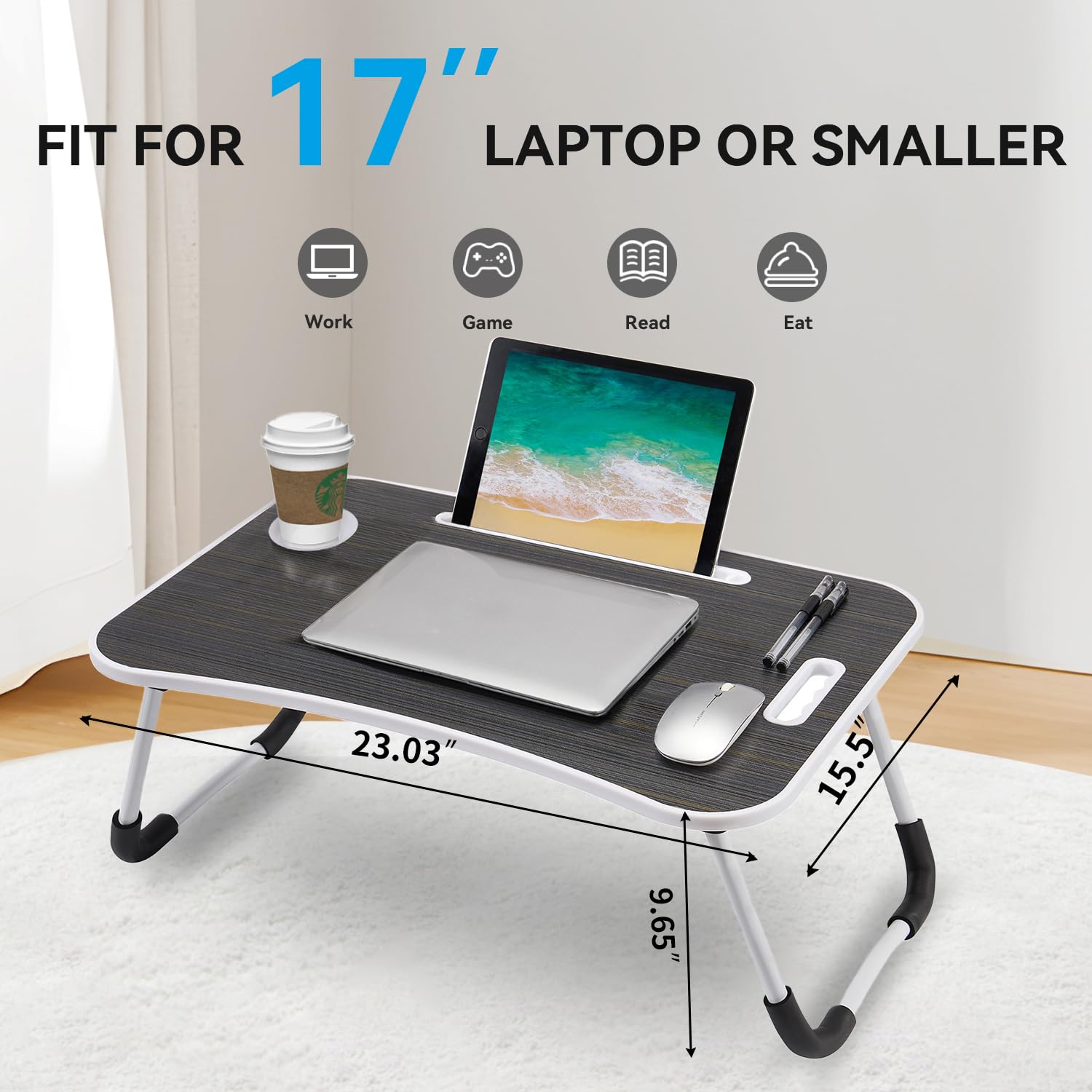 Folding Lap Desk 23 Inch - Portable Wood Laptop Tray with Cup Holder for Work, Study, Eating & Watching Movies in Bed, Sofa or Floor