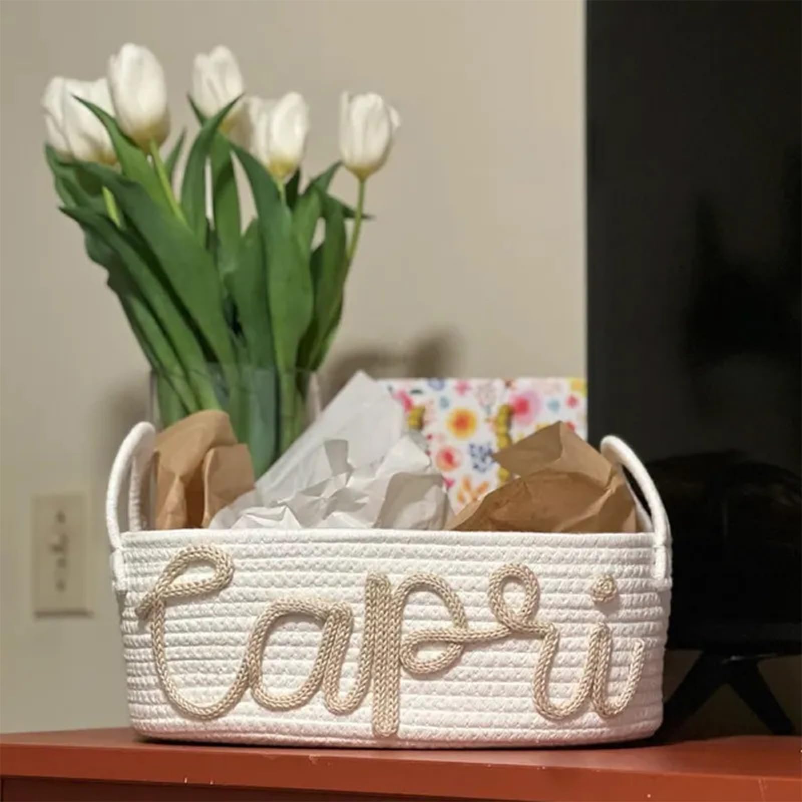 Personalized Baby Name Cotton Rope Basket - Custom Diaper Caddy & Nursery Organizer with Shelf Storage - Decorative Round Bin for Baby Clothes, Toys & Essentials - Perfect for Nursery, Bedroom & Bathroom Organization (Style A)