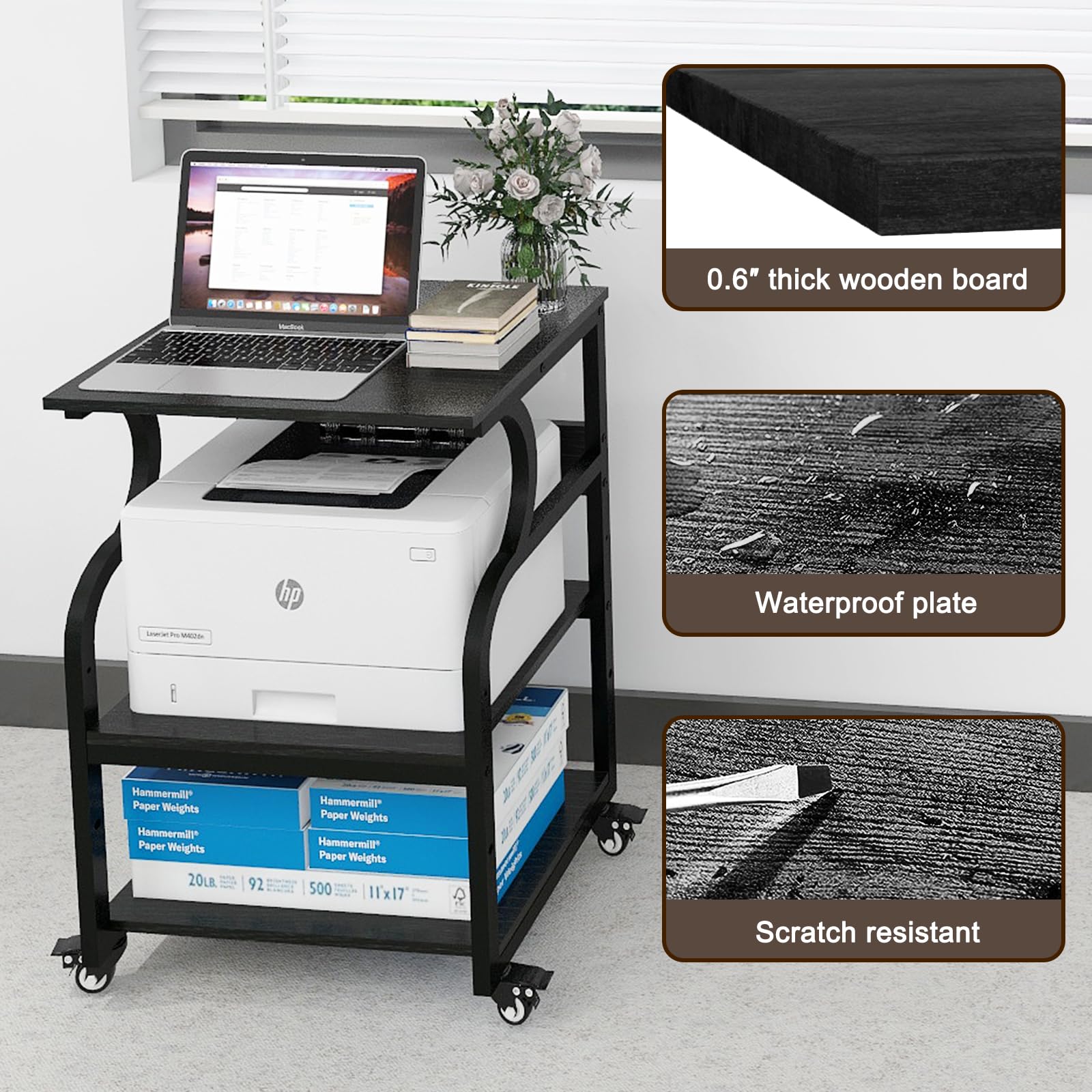 Natwind Large Printer Stand - 24''x20''x29'' Adjustable Storage Shelf Rolling Cart with Wheels, 3-Tier Multifunctional Shelves for Heat Press & 3D Printer, Home Office Organization (Black) - Perfect for Craft Rooms, Printing Workshops & Small Business Spaces