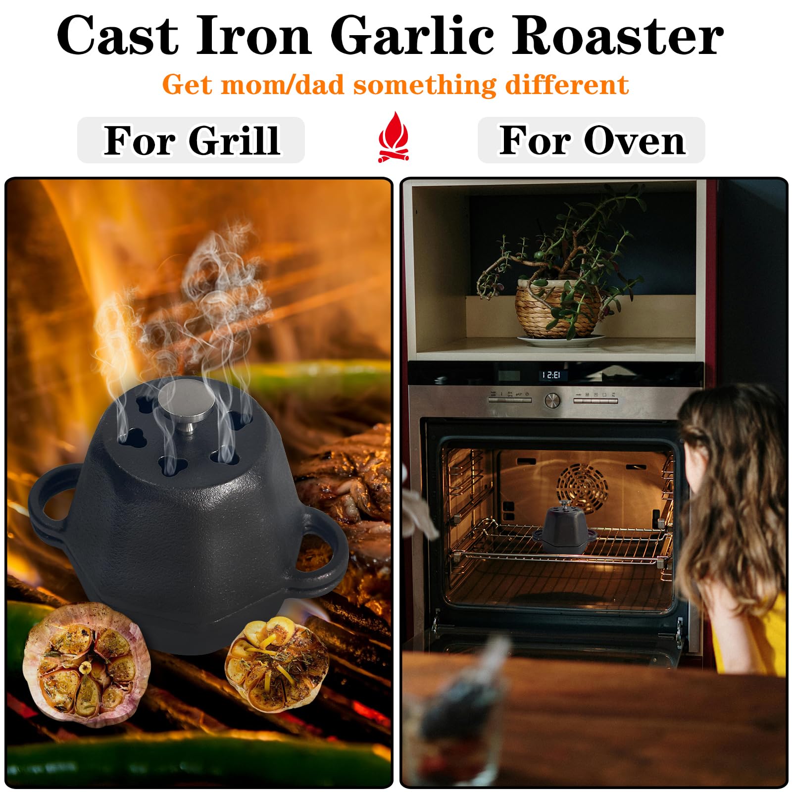 Premium Mini Dutch Oven & Cast Iron Smoker Garlic Roaster - Pre-Seasoned Cast Iron Garlic Baker with Lid for Oven, Grill, Stovetop - Perfect for Garlic Confit, Roasting, and Smoking - Ideal for Camping, Outdoor Cooking, and Home Kitchen Use