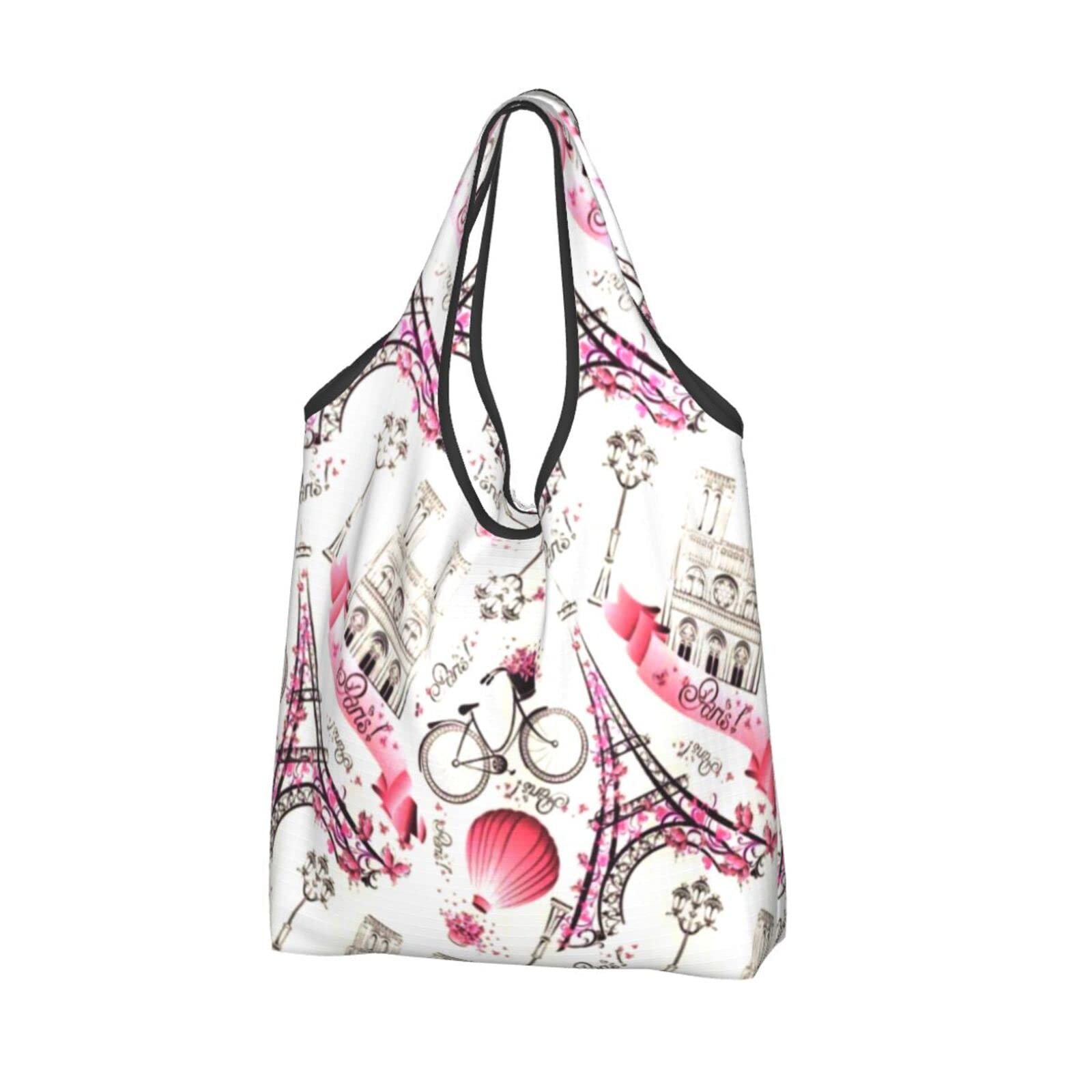Eco-Friendly Reusable Shopping Tote Bag - Foldable Large Capacity Grocery Bag with Paris Eiffel Tower & Balloon Design, Pink Washable Waterproof Shoulder Bag for Women | Perfect for Grocery Shopping, Travel & Beach Outings