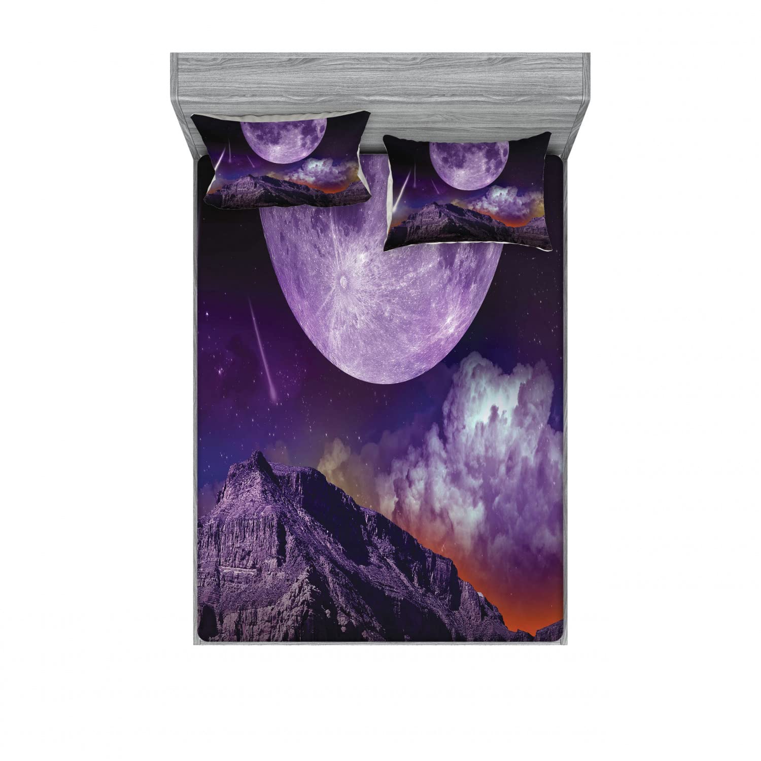 Ambesonne Outer Space 2-Pack Queen Size Fitted Sheet & Pillow Sham Set - Moon & Asteroids Design, 4-Piece Bedding Set (2 Fitted Sheets + 4 Pillow Covers) in Purple & Black | Space Themed Bedroom Decor for Kids & Adults, Perfect for Galaxy Themed Rooms & Astronomy Lovers