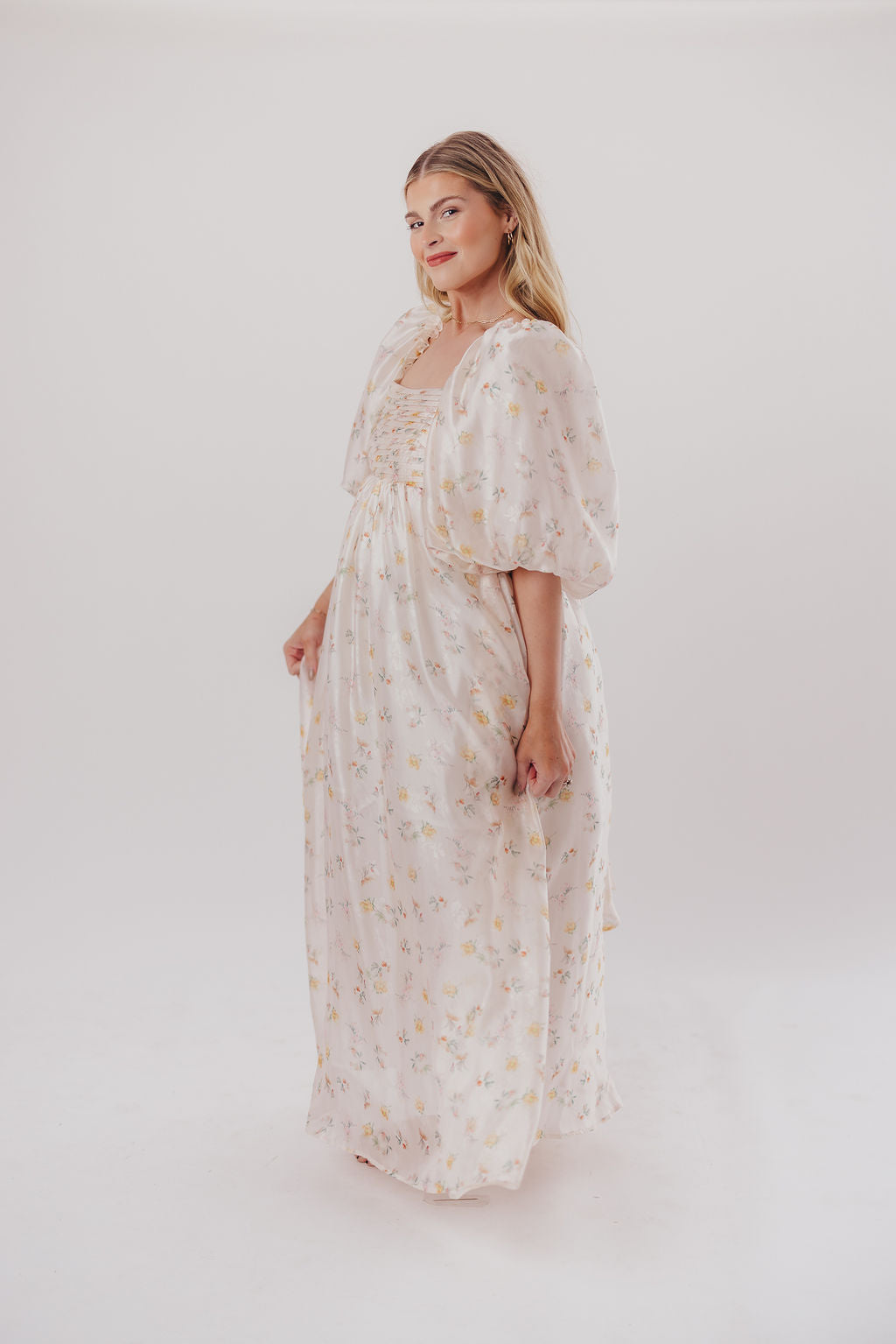 Melody Maxi Dress with Pleats & Bow Detail - Yellow Rose Floral Print | Bump Friendly Maternity Dress | Inclusive Sizing S-3XL | Perfect for Weddings, Baby Showers & Summer Vacations