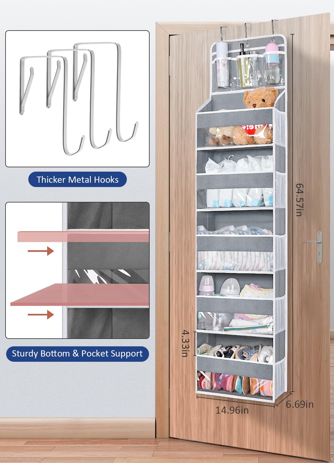 Over the Door Organizer with 3 Clear Slip Pockets & 5 Large Pockets - Heavy Duty Hanging Storage for Closet, Bathroom, Pantry, Bedroom & Nursery - Perfect for Towels, Toys, Shoes & Household Organization