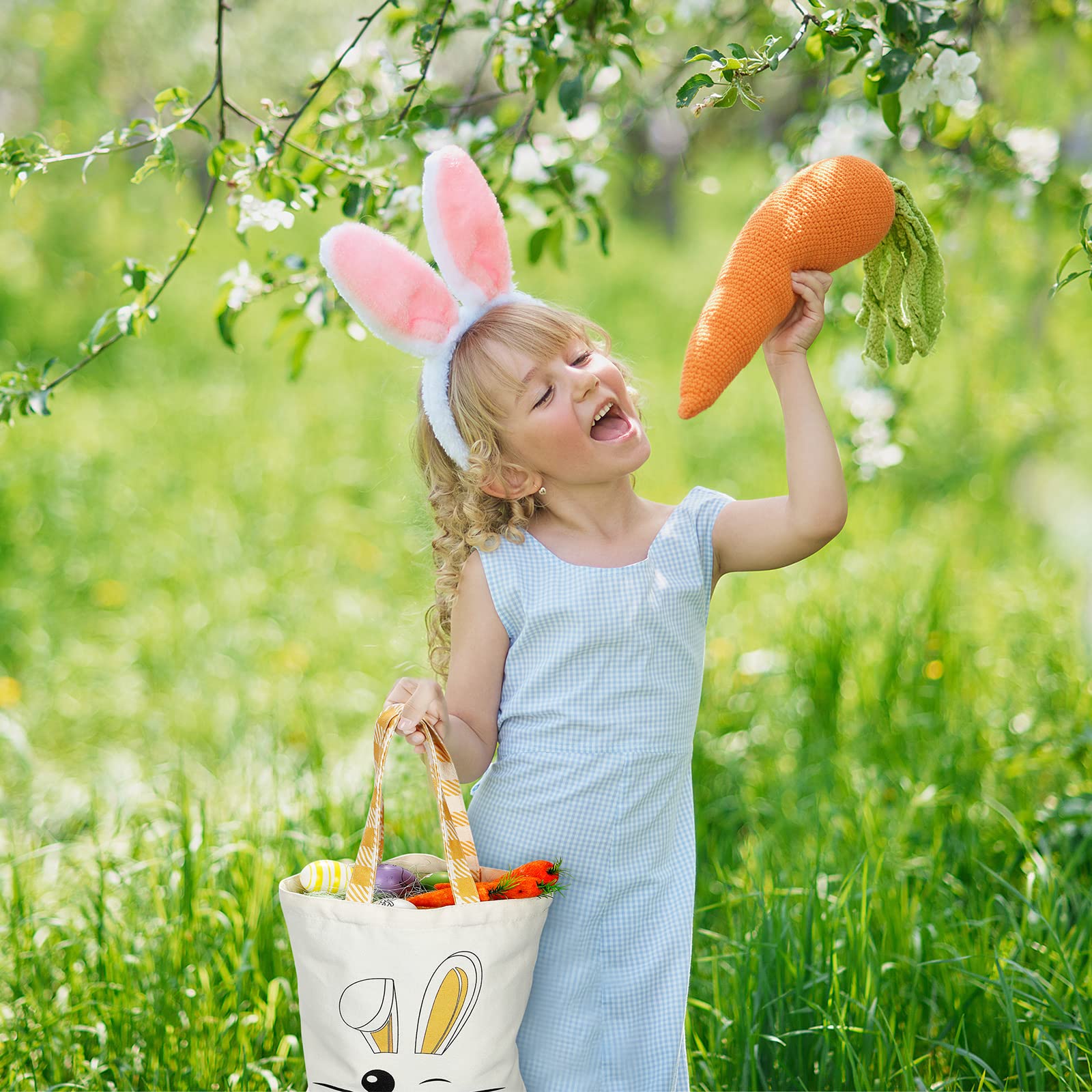 WeeWooday 2-Pack Easter Tote Bags for Kids - Bunny Ears Canvas Easter Basket Bags for Boys & Girls - Perfect for Easter Egg Hunts, Church Events & Spring Celebrations