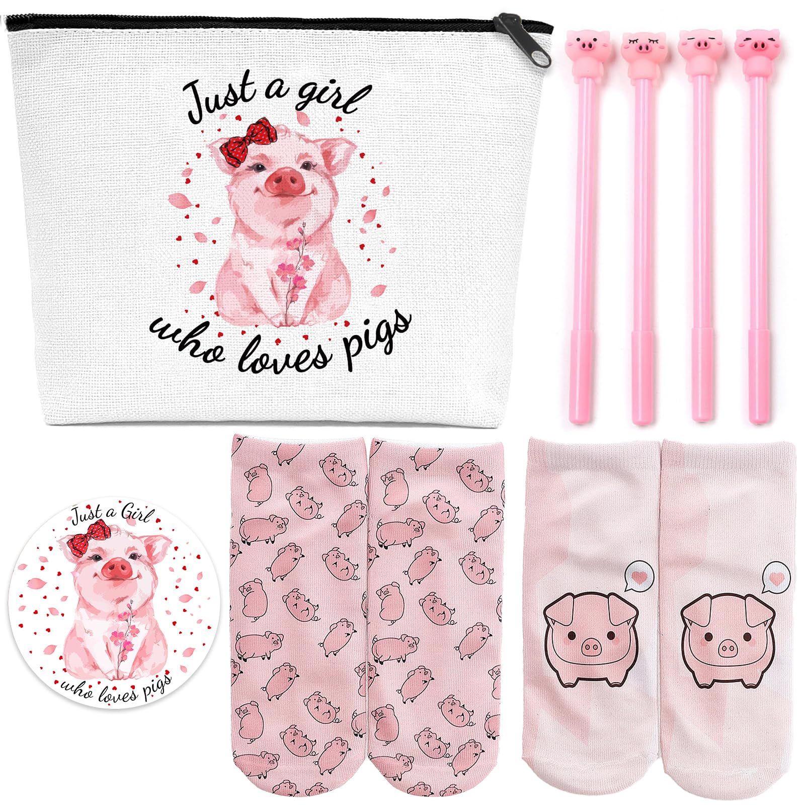 Cute Pig-Themed Gift Set for Women - Travel Cosmetic Bag, Pig Socks, Gel Pen & Mini Mirror - Perfect for Christmas, Birthday & Thanksgiving Presents - Great for Pig Lovers, Makeup Storage & Everyday Use