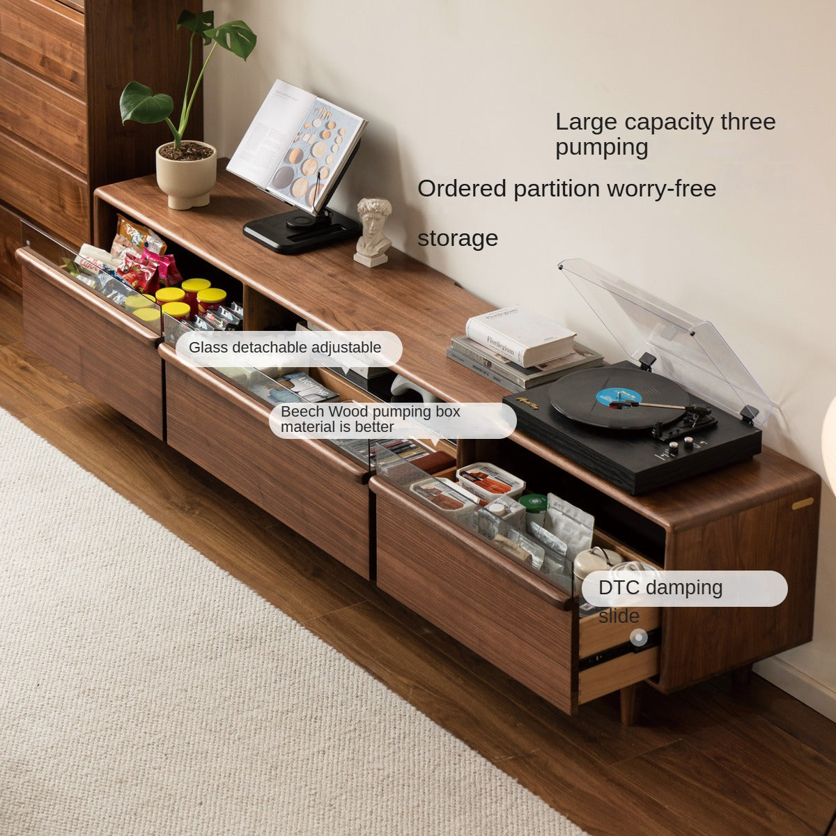 Premium Black Walnut Solid Wood TV Stand - Modern Entertainment Center for Living Room & Home Theater