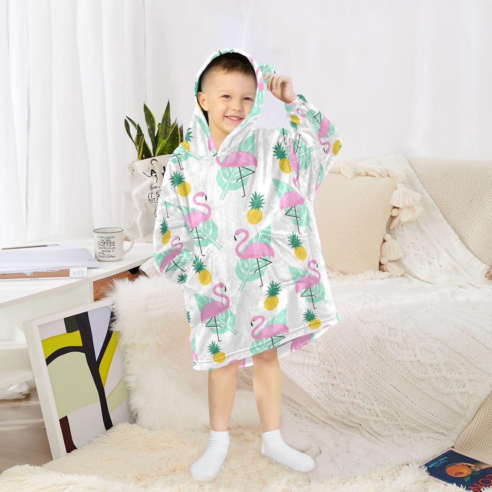 Pink Flamingo Tropical Leaf Kids Wearable Blanket Hoodie - Oversized Fleece Sweatshirt for Boys & Girls | Cozy Lounge Wear for Sleepovers, Movie Nights & Camping