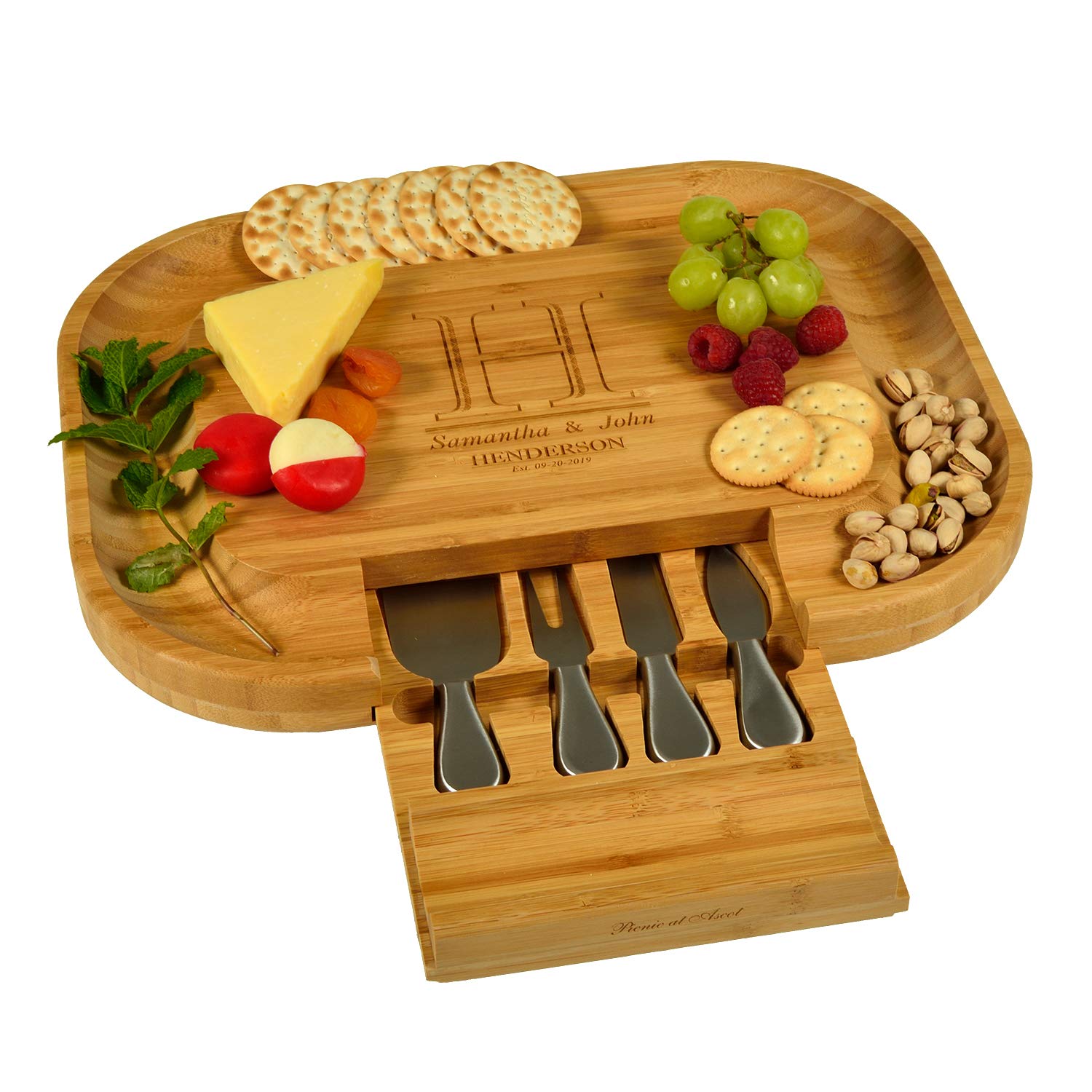 Custom Personalized Engraved Bamboo Cheese & Charcuterie Board Set with Knives & Cheese Markers | Handcrafted in USA | Perfect for Wine Parties, Wedding Gifts & Charcuterie Displays