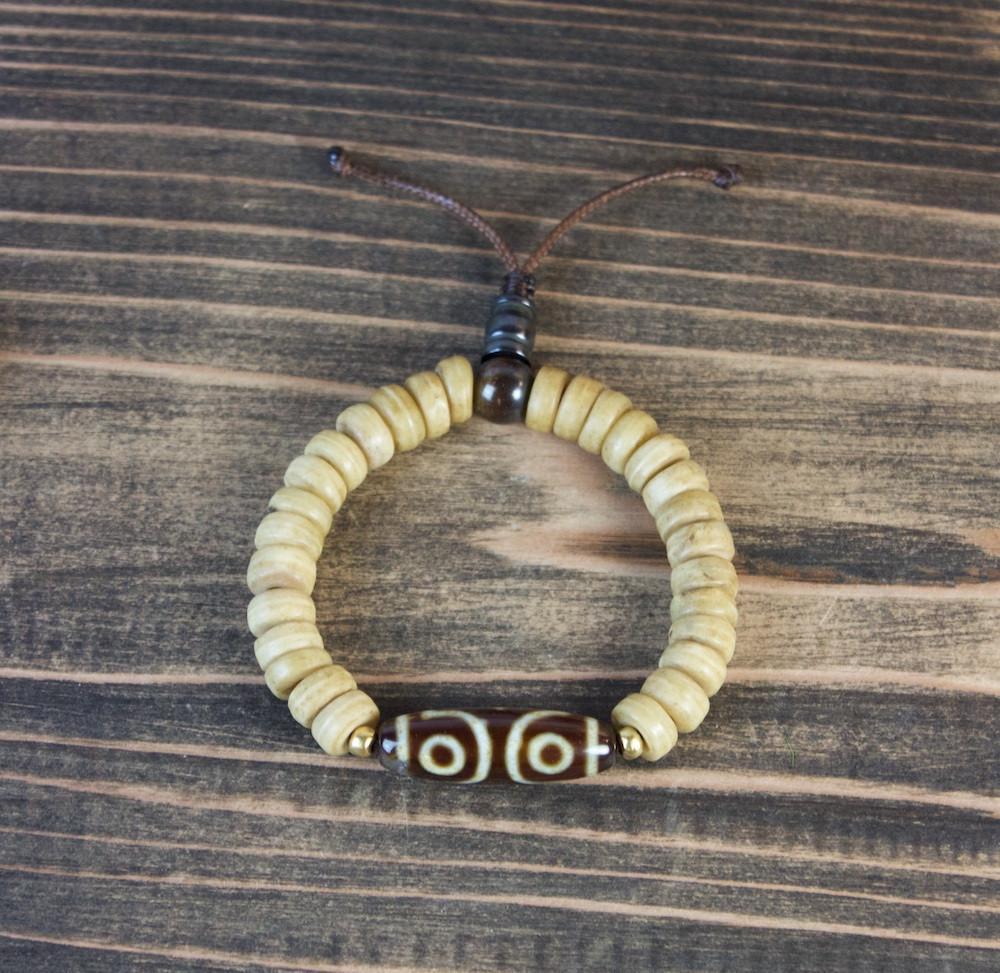 3 Eye Dzi Bead & Bone Bracelet - Tibetan Buddhist Prayer Beads for Meditation, Spiritual Protection & Good Luck - Perfect for Yoga, Mindfulness & Energy Healing Practices