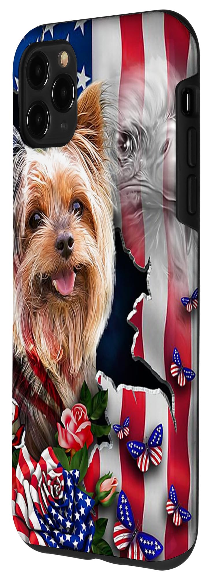 iPhone 11 Pro Max Case - Yorkie Eagle American Flag Design with Rose Flower & Butterfly - Durable PC Protective Cover for Daily Use, Travel & Outdoor Activities