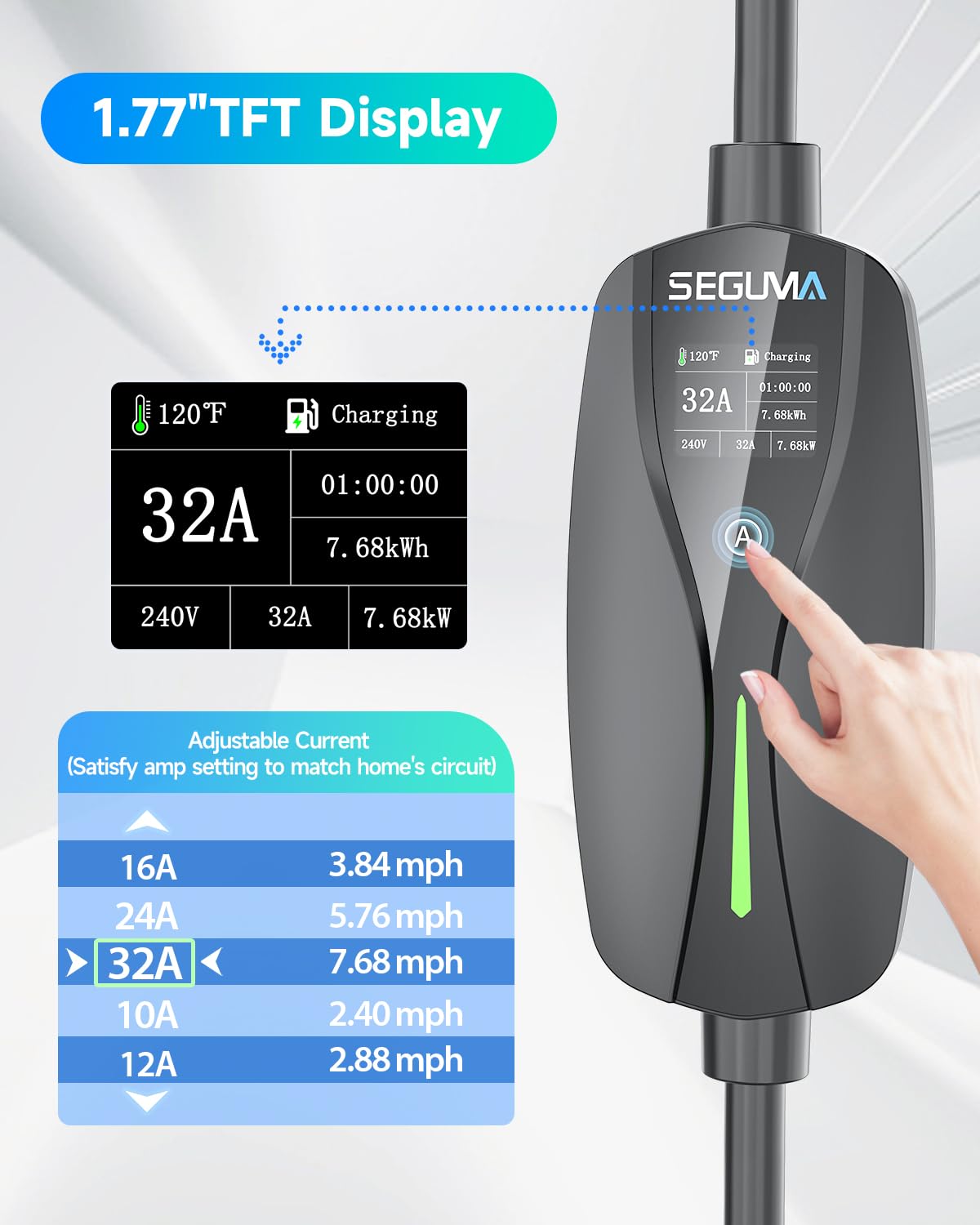 Level 2 EV Charger 32A 240V with NEMA 14-50 Plug | Portable SAE J1772 Electric Vehicle Charger | 25ft Extension Cord | Adjustable Current | Home & Outdoor Charging Station | Perfect for Tesla, Chevy, Nissan EVs