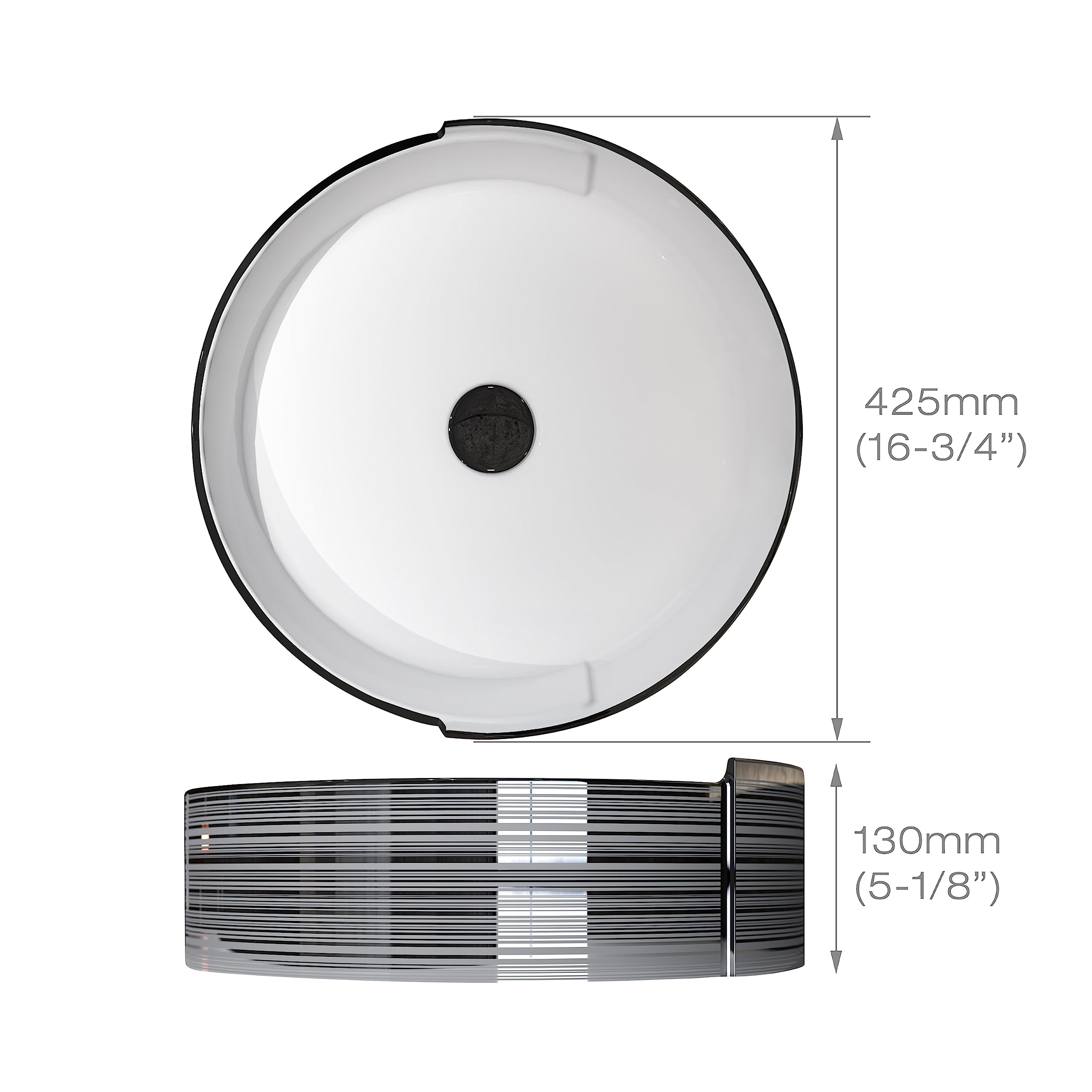 MEJE 16.75 Inch Modern Round Porcelain Vessel Sink - Elegant Silver Stripe Design, Above Counter Bathroom Basin with Pop-Up Drain - Perfect for Contemporary Bathrooms, Powder Rooms, and Vanity Makeovers