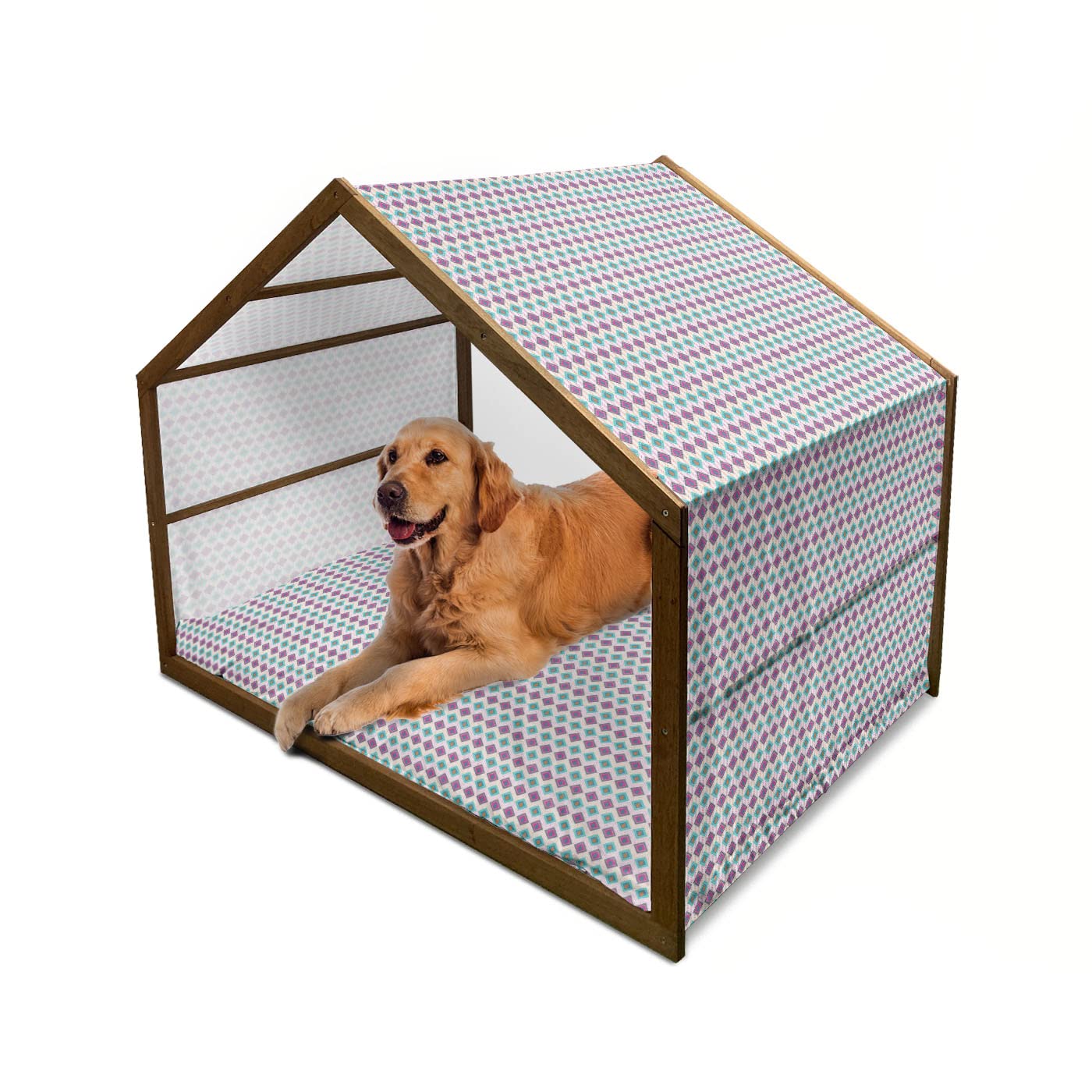 Ambesonne Guatemalan Wooden Dog House - XL Portable Indoor & Outdoor Dog Kennel with Pillow Cover, Abstract Geometric Maya Folk Design, Vibrant Multicolor Pet Shelter for Small to Medium Dogs - Perfect for Backyard, Patio, or Home Decor