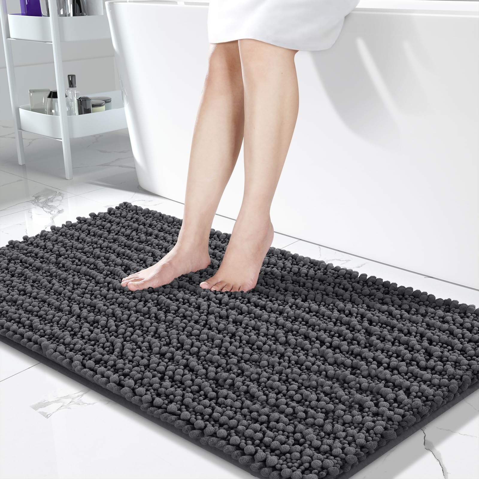 Yimobra Non-Slip Bathroom Rug Mat 44x24 Inches - Super Absorbent Quick Dry Machine Washable Bath Mat for Bathroom Floor, Soft Thick Modern Home Decor Accessories in Dark Gray - Perfect for Bathroom, Bedroom & Spa Style Decor