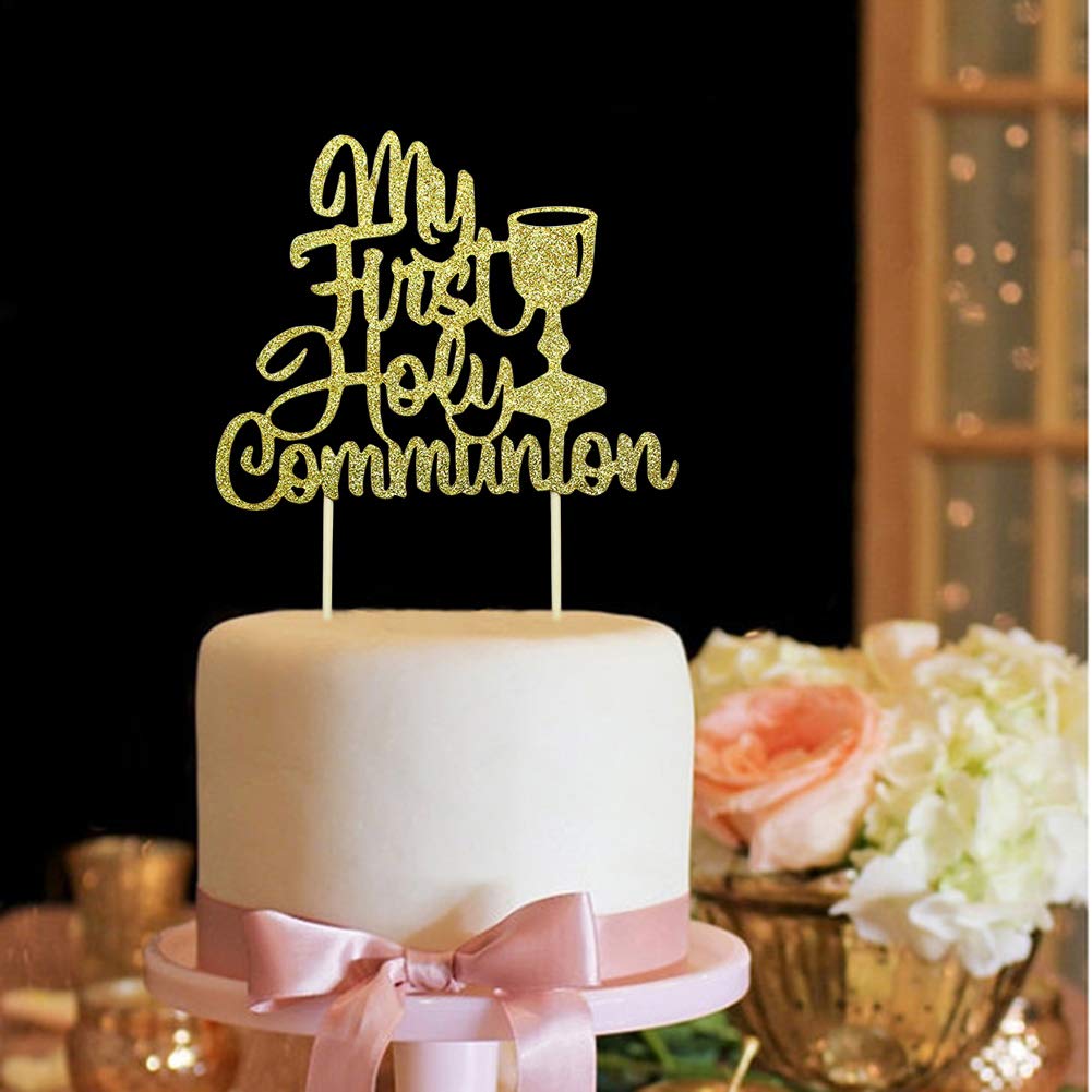 First Holy Communion Cake Topper - Gold Glitter Religious Decor for Kids Birthday, Baby Shower, Wedding, Baptism & Christening Parties - Perfect for Church Celebrations & Special Occasions