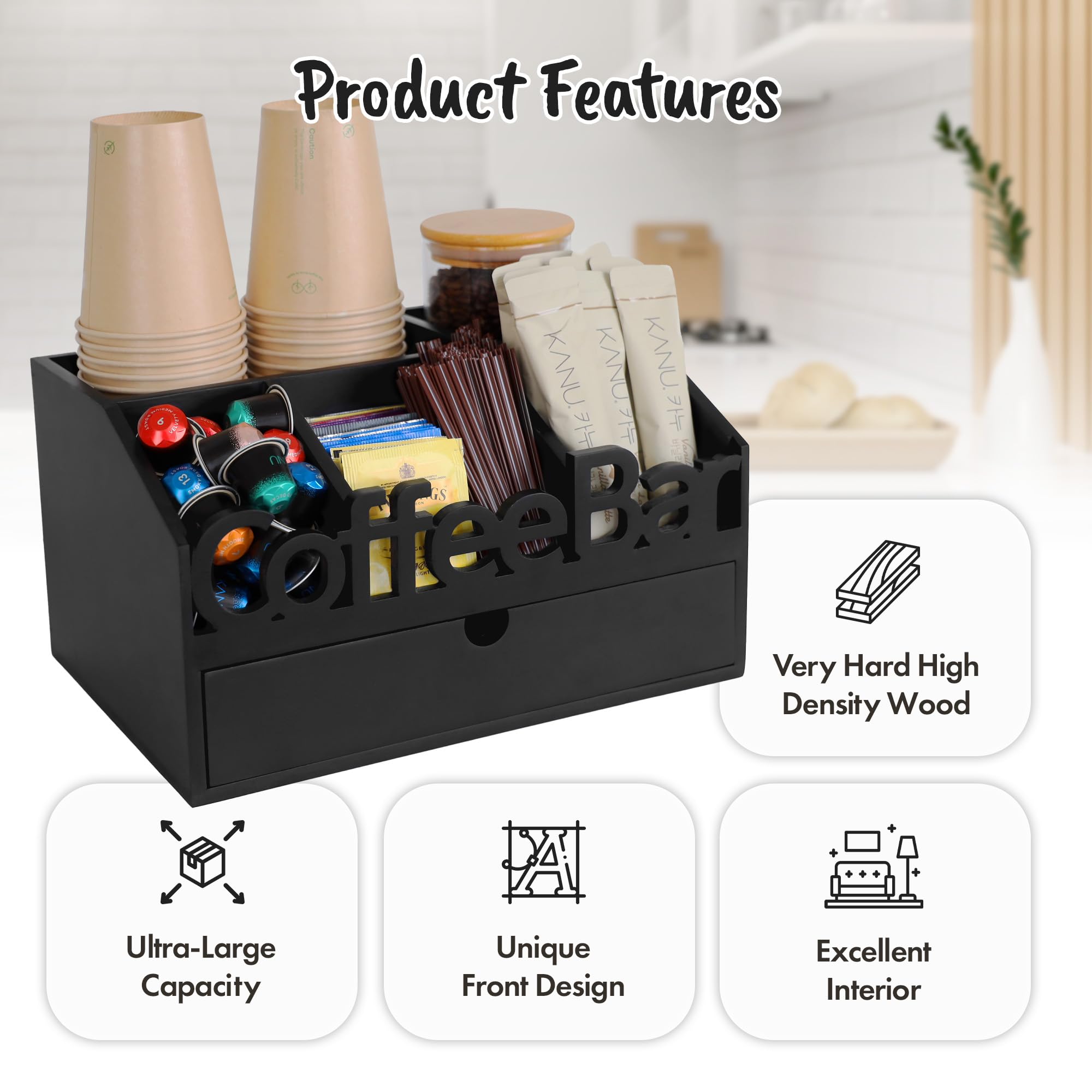 Wooden Coffee Bar Organizer with Black Drawer - Countertop Coffee Station for K-Cups, Tea & Accessories - Perfect for Home Kitchen & Office Break Room Organization