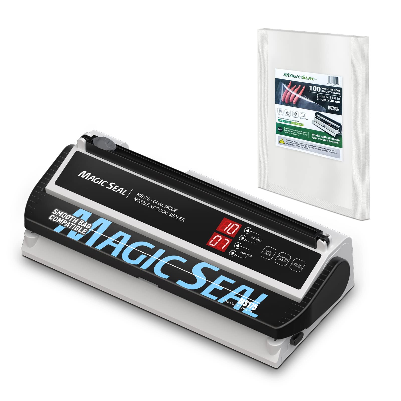 Magic Seal MS175 Vacuum Sealer with 100pcs 8”x12” Smooth Vacuum Bags - Compact Food Preservation System for Meal Prep, Sous Vide & Long-Term Storage