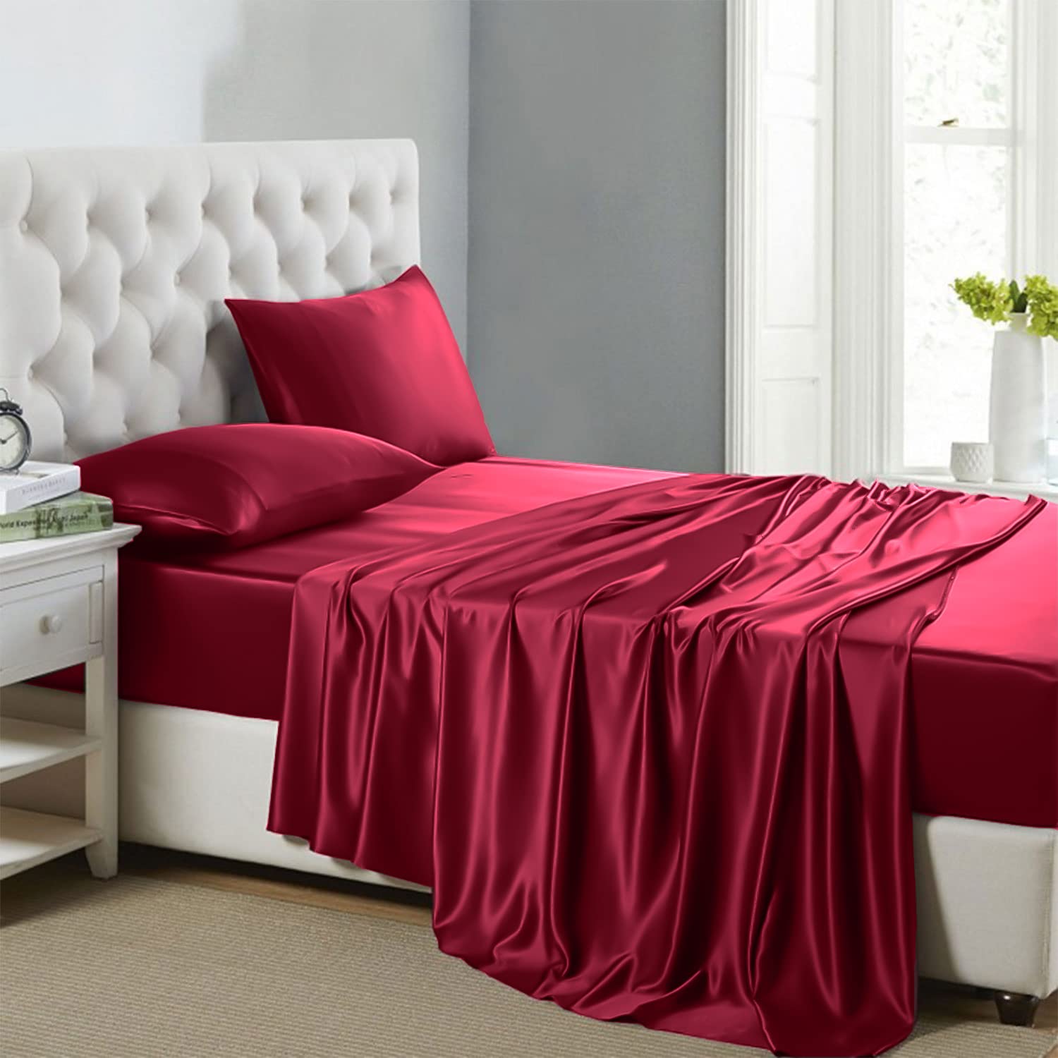Luxury Lanest Silk Satin Sheet Set - King Size Cooling Hypoallergenic Bed Sheets with Deep Pockets, Soft Satin Fabric in Scarlet Red - Perfect for Hot Sleepers & Allergy Sufferers, Ideal for Master Bedrooms & Guest Rooms