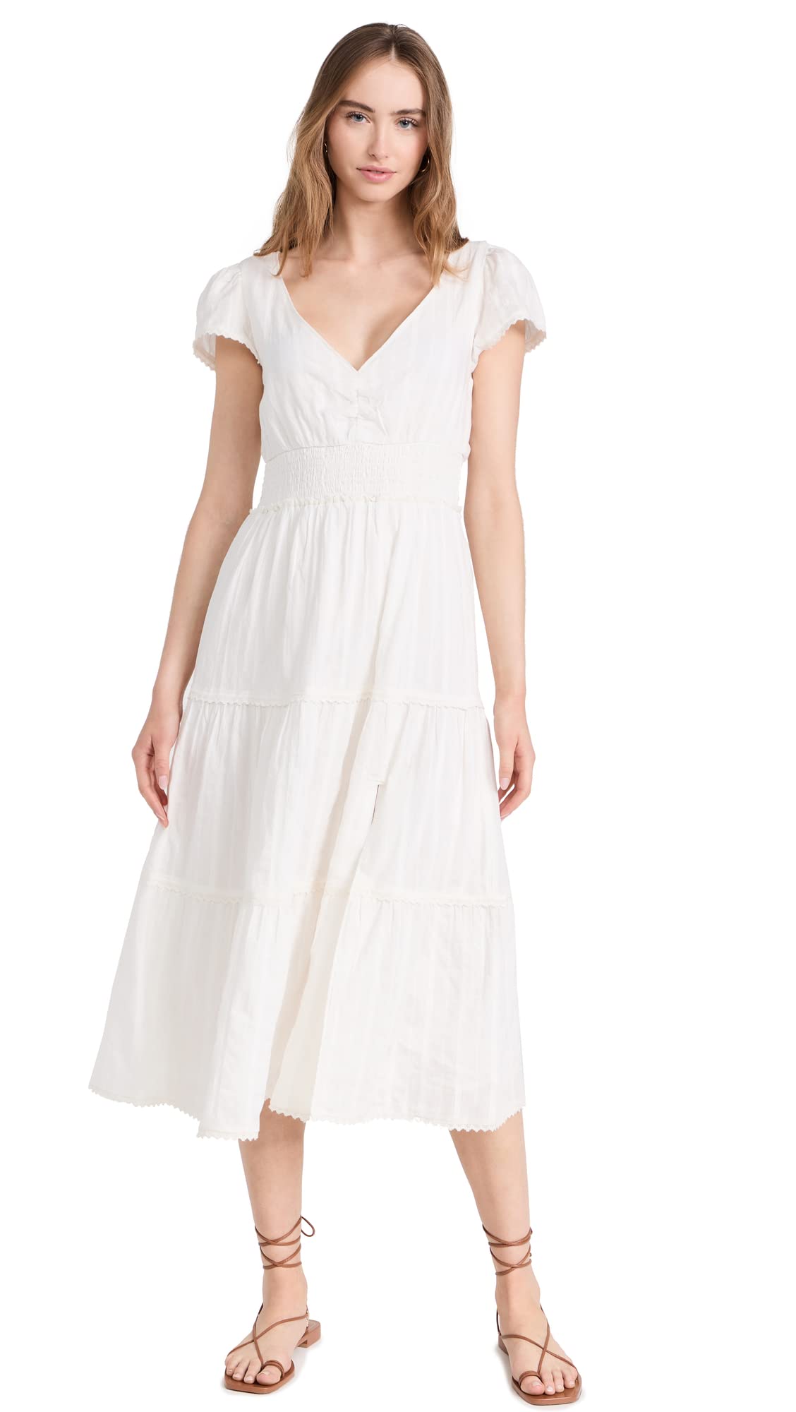 PAIGE Women's Soledad Dress - Flowy Midi Dress with V-Neck & Ruffle Sleeves for Casual Wear, Date Night & Summer Outfits