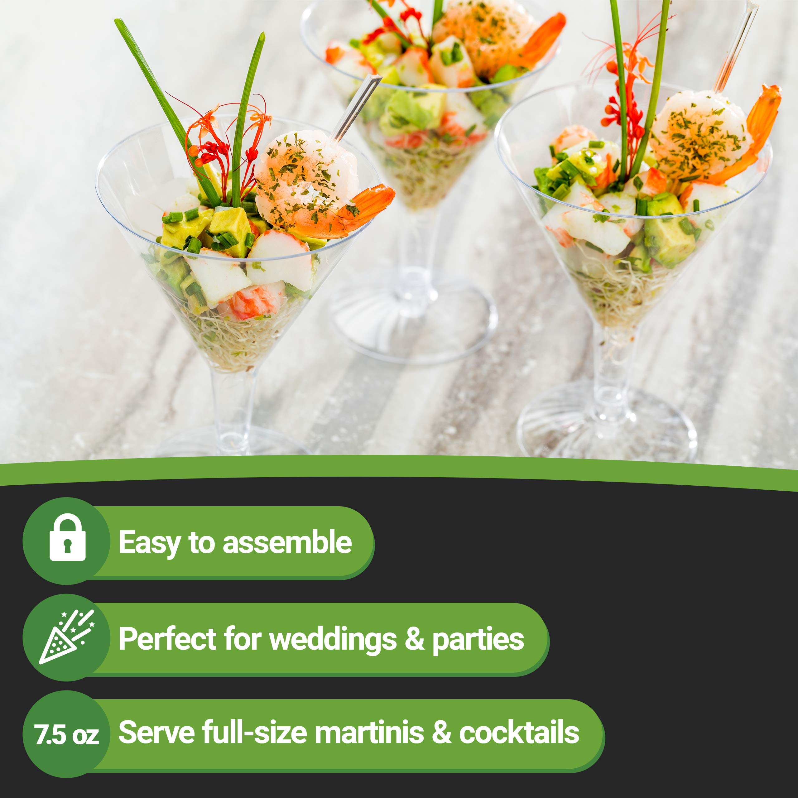 Premium 7.5 oz Clear Plastic Martini Glasses - 100-Pack Round Disposable Cocktail Cups for Weddings, Parties & Events | Restaurantware Unassembled Barware for Easy Storage & Transport