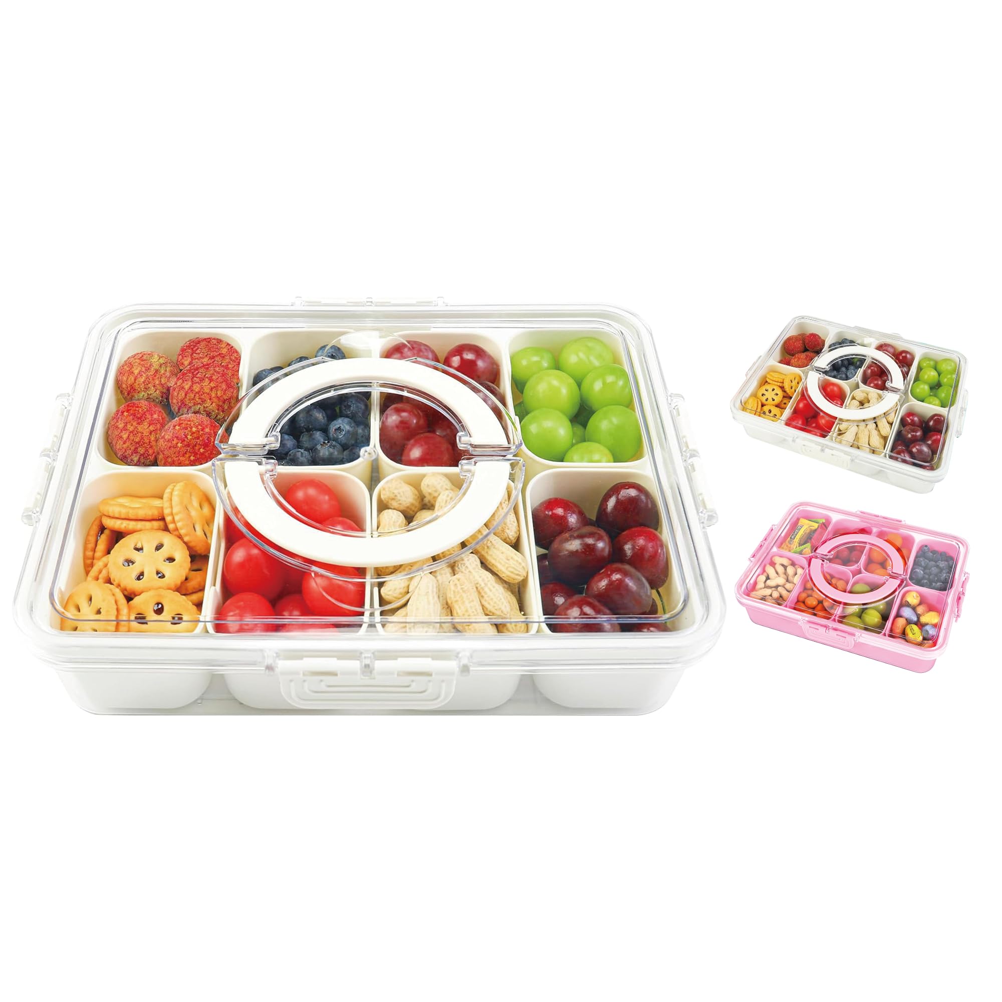8-Compartment Snackle Box Container with Lid & Handle - Divided Serving Tray for Candy, Fruit, Snacks - Perfect for Parties, Picnics, School Lunches & Outdoor Gatherings