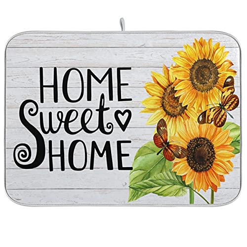 **White Sunflower Dish Drying Mat - Absorbent Microfiber Kitchen Counter Drainer Pad - Heat Resistant & Reversible with Hanging Loop (16x18 Inch) - Perfect for Drying Dishes, Utensils & Cookware**