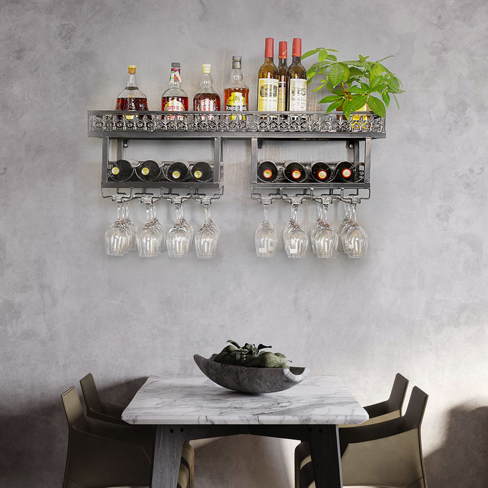 TFCFL Industrial Wall-Mounted Wine Rack & Glass Holder - Double Layer Metal Storage Shelf for Kitchen, Bar, Restaurant - Rustic Wrought Iron Display Organizer for Wine Bottles, Stemware & Decor - Perfect for Home Entertaining & Commercial Use