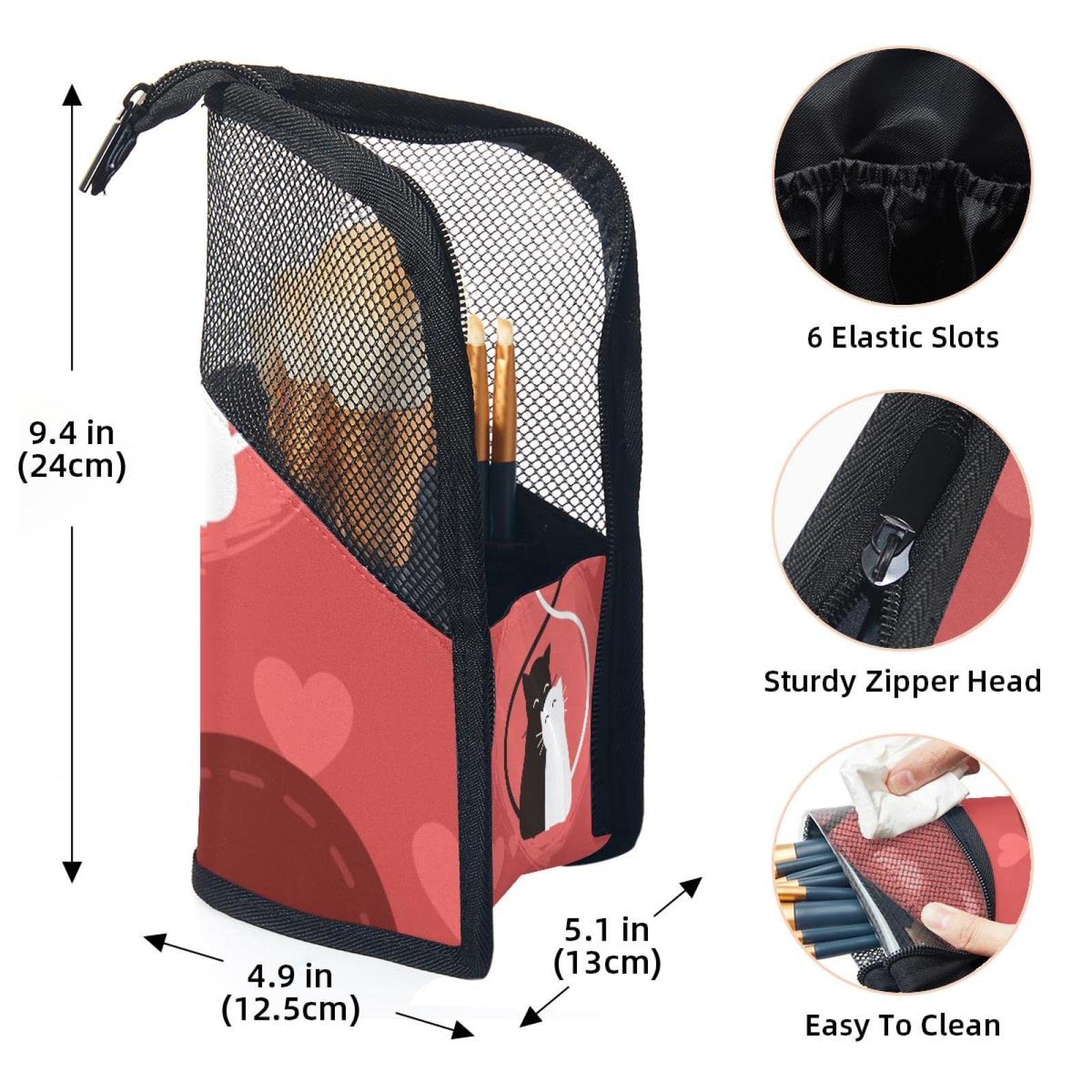 Portable Makeup Brush Organizer Bag with 12 Slots - Cute Cats in Love & Hearts Design - Travel Cosmetic Brush Holder Case for Makeup Artists & Beauty Enthusiasts - Perfect for Travel, Home Vanity & Professional Makeup Kits
