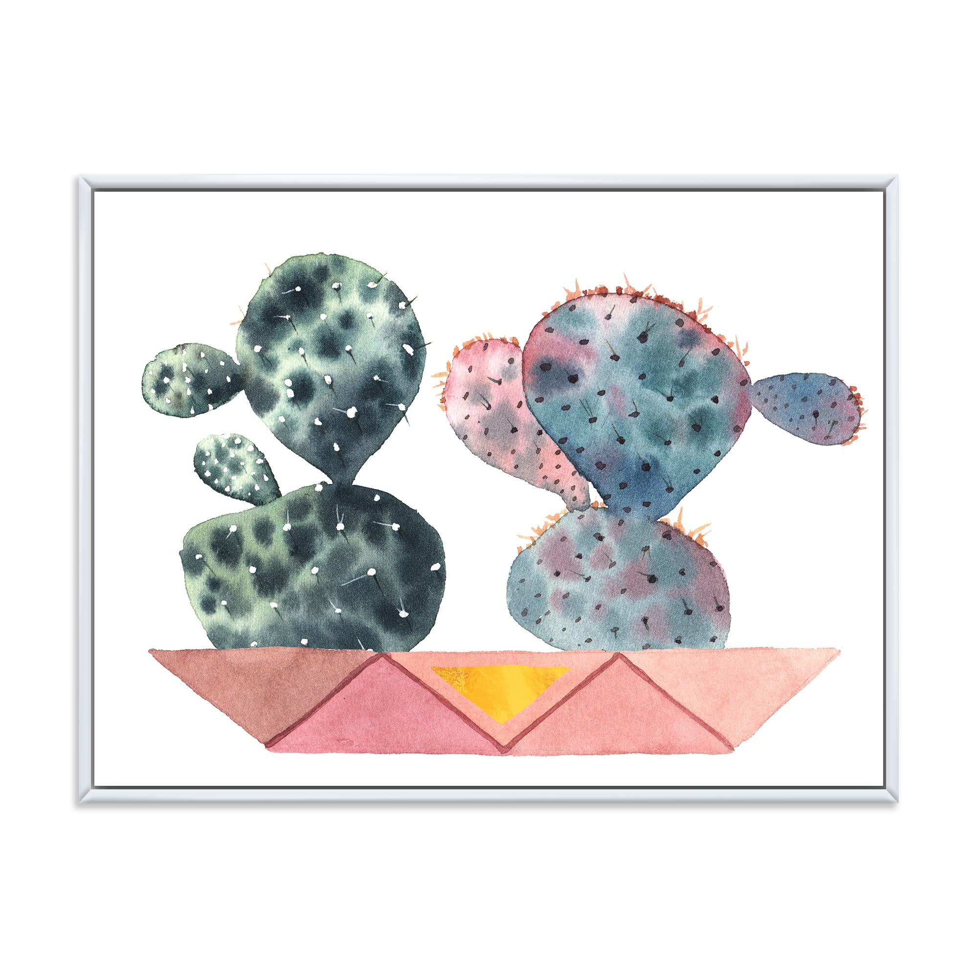 DesignQ Cactus Duo in Pink Geometric Pots - Modern Framed Canvas Wall Art Print for Home & Office Decor | Living Room, Bedroom, Bathroom Wall Decor