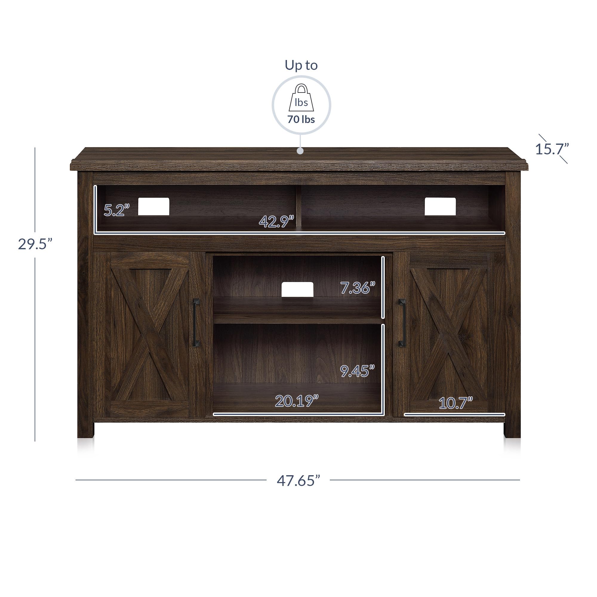 BELLEZE 48 Inch TV Stand for 50 Inch TVs - Rustic Barn Door Entertainment Center with 2 Open Shelves & Storage Cabinets - Dark Walnut Media Console for Living Room, Bedroom - Perfect for Home Theater & Family Entertainment Spaces
