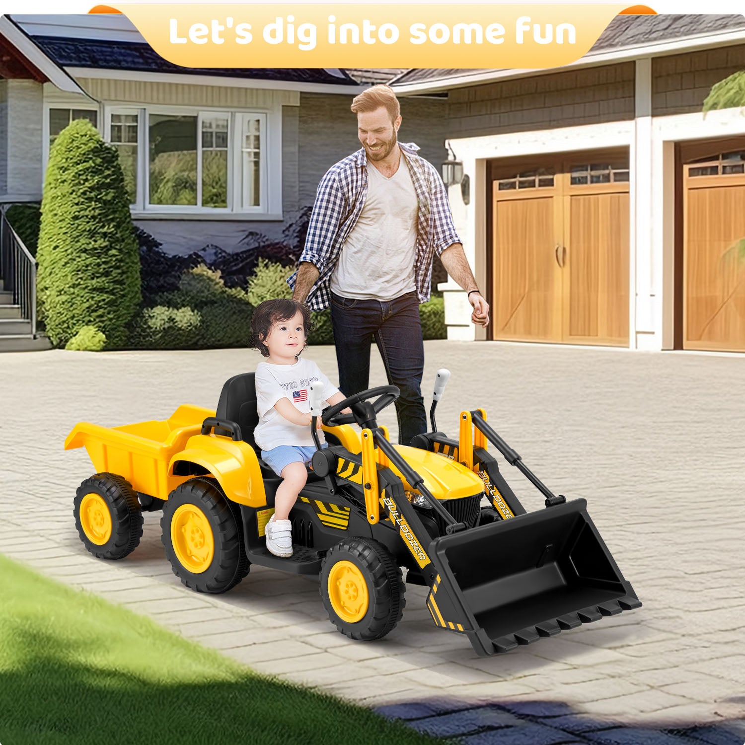 EROMMY 12V Kids Ride-On Bulldozer Toy with Front Loader, Horn, LED Lights & Music - Yellow Construction Vehicle with Safety Belt for Indoor/Outdoor Play | Birthday Gift for Toddlers Ages 3-6