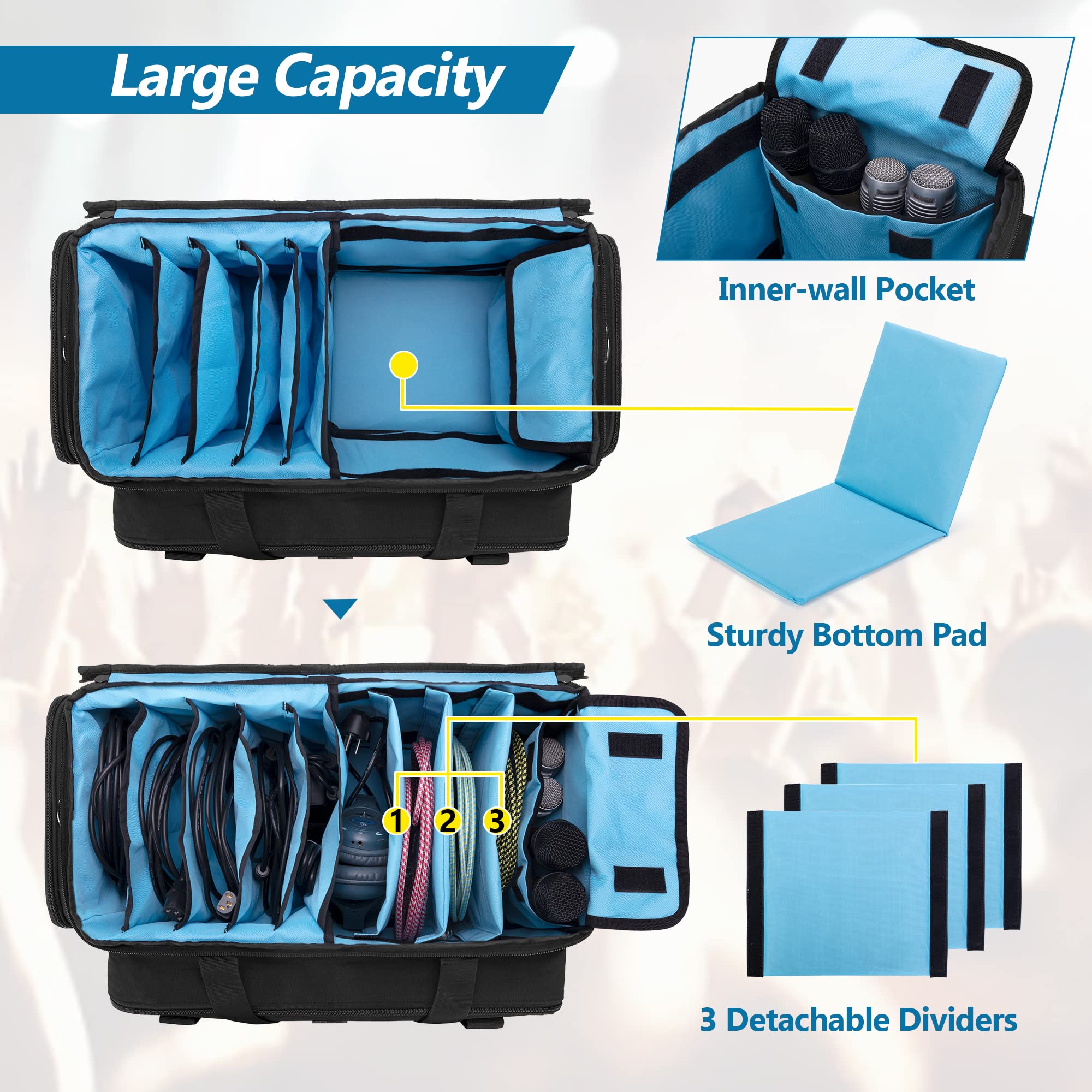 Professional DJ Gig Bag - Heavy Duty Travel DJ Cable Storage Case with Padded Bottom & Adjustable Dividers | DJ Equipment Organizer for Microphones, 14